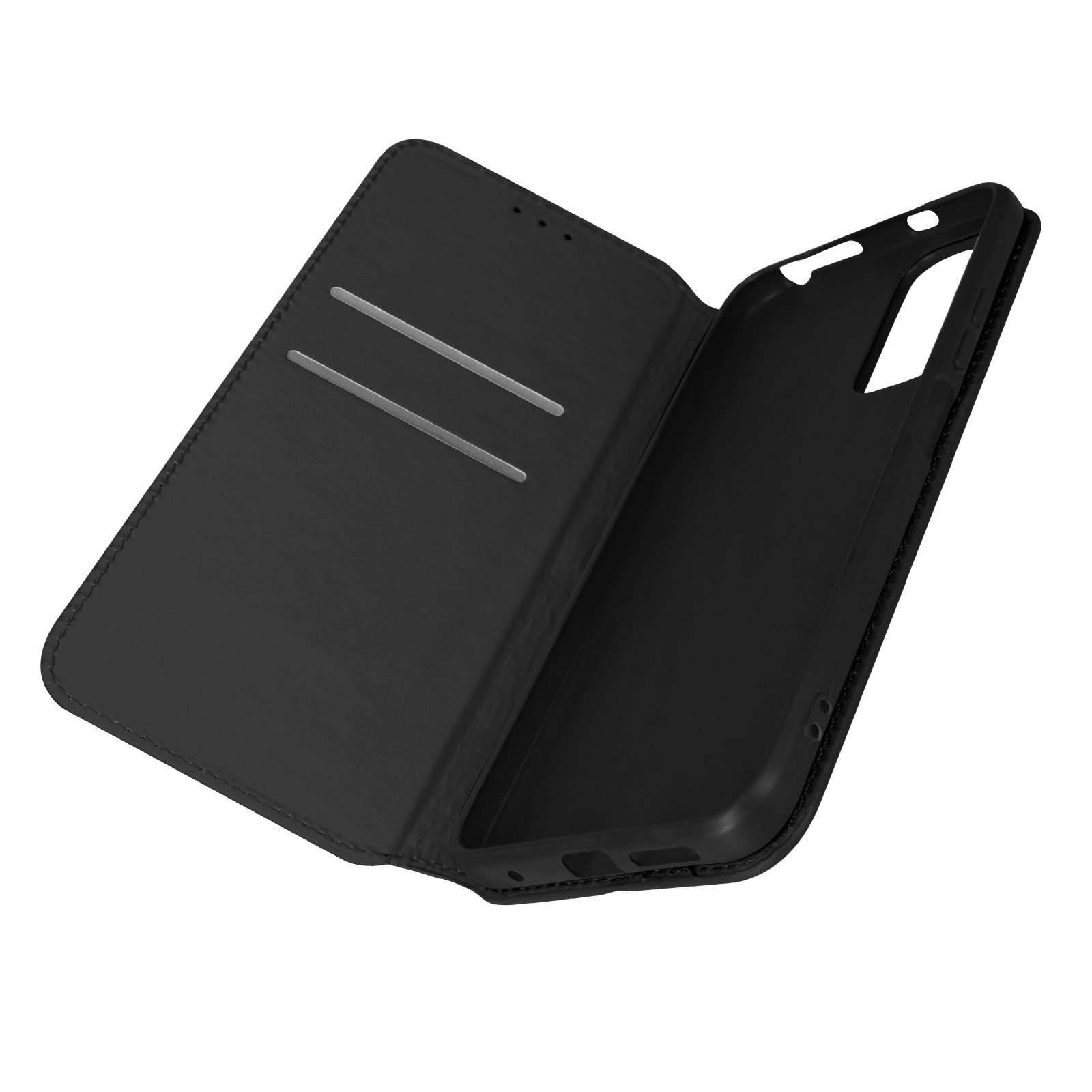 Housse de téléphone noire avec couvercle ouvert. L'intérieur a des fentes pour cartes et un support noir.
