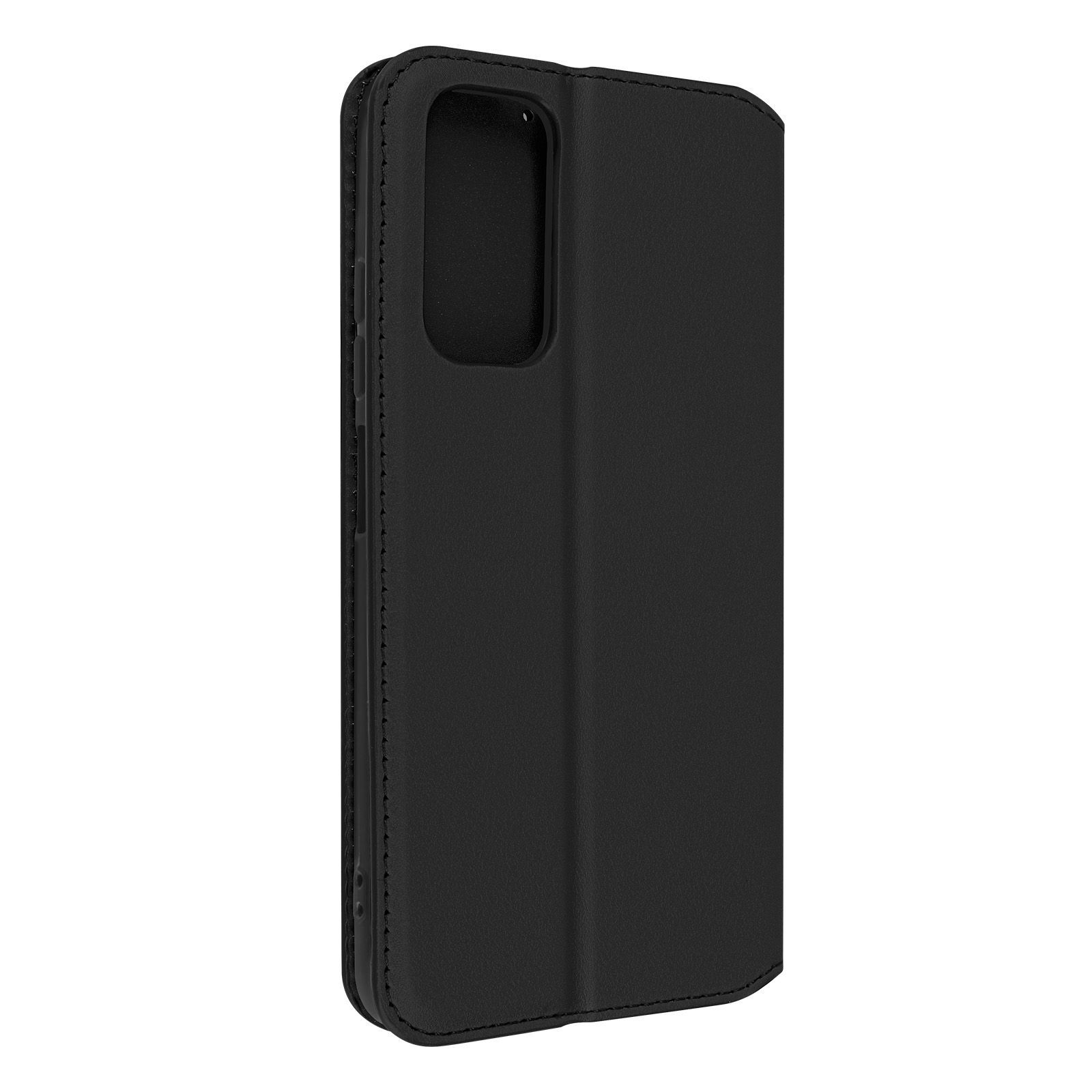 Coque de téléphone noire, fermée, avec découpe caméra, sur fond blanc.