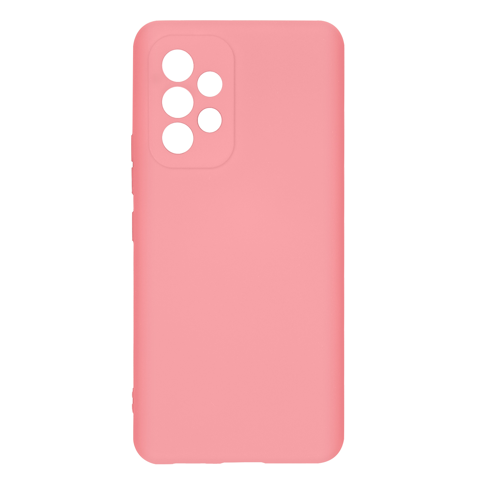 Roze telefoonhoes. Ontworpen voor een telefoon met meerdere cameralenzen. Heeft openingen voor de camera's en knoppen.