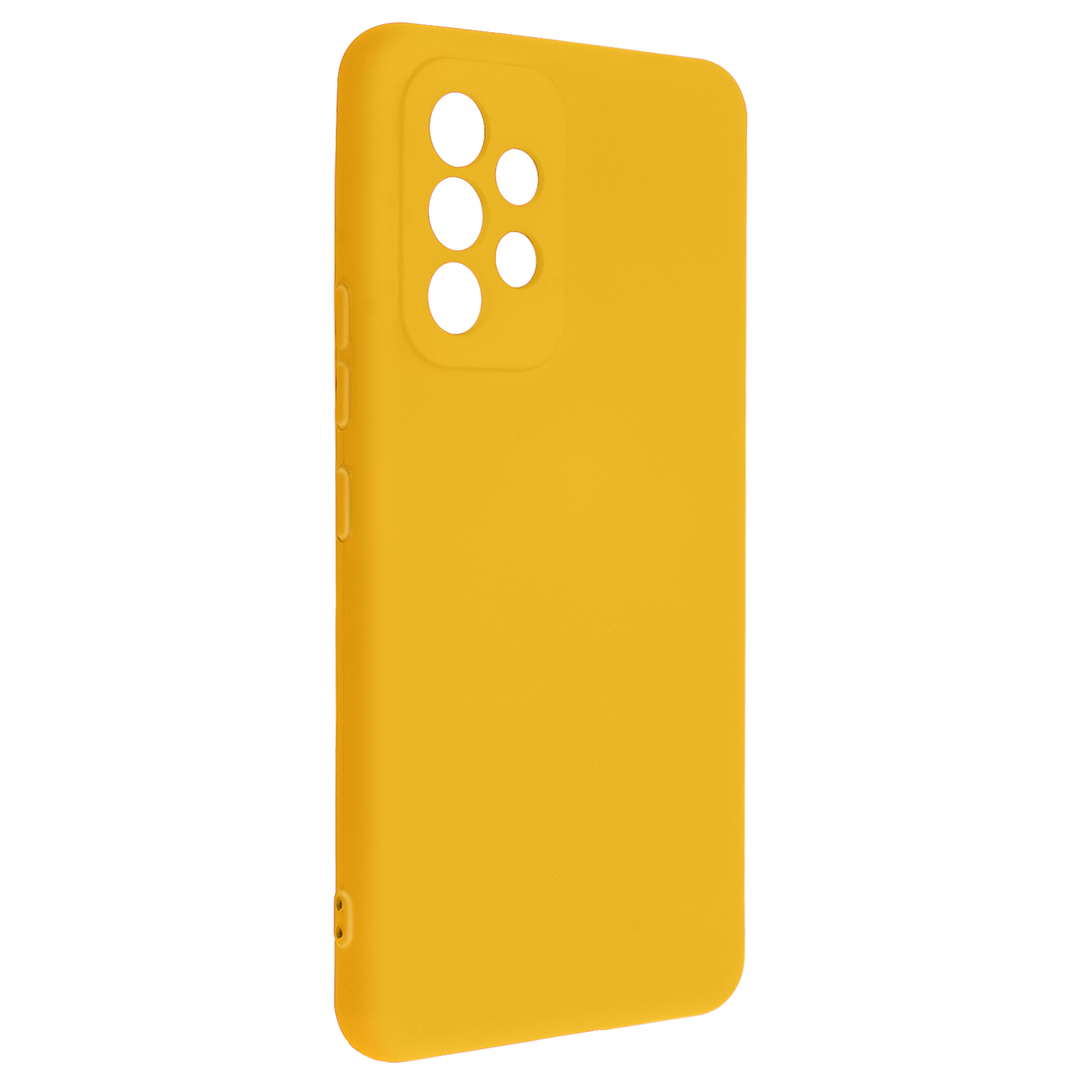 Een gele telefoonhoes onder een hoek, met de achterkant van de telefoon te zien, met camera-uitsparingen en zijknoppen.