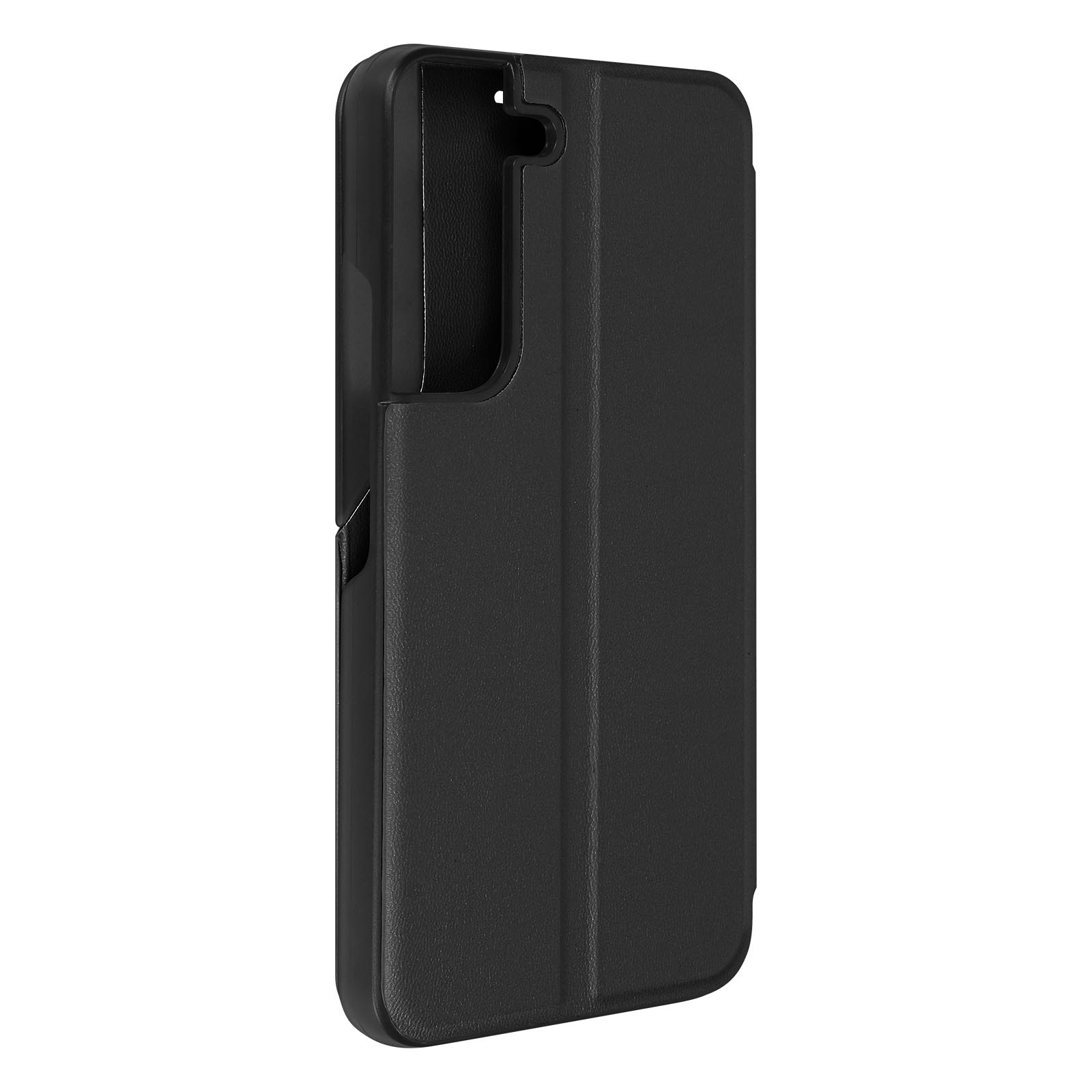 Eine schwarze Handyhülle, geschlossen, mit Kameraausschnitt. Sie ist im Profil zu sehen, die Seite zeigend. Weißer Hintergrund.