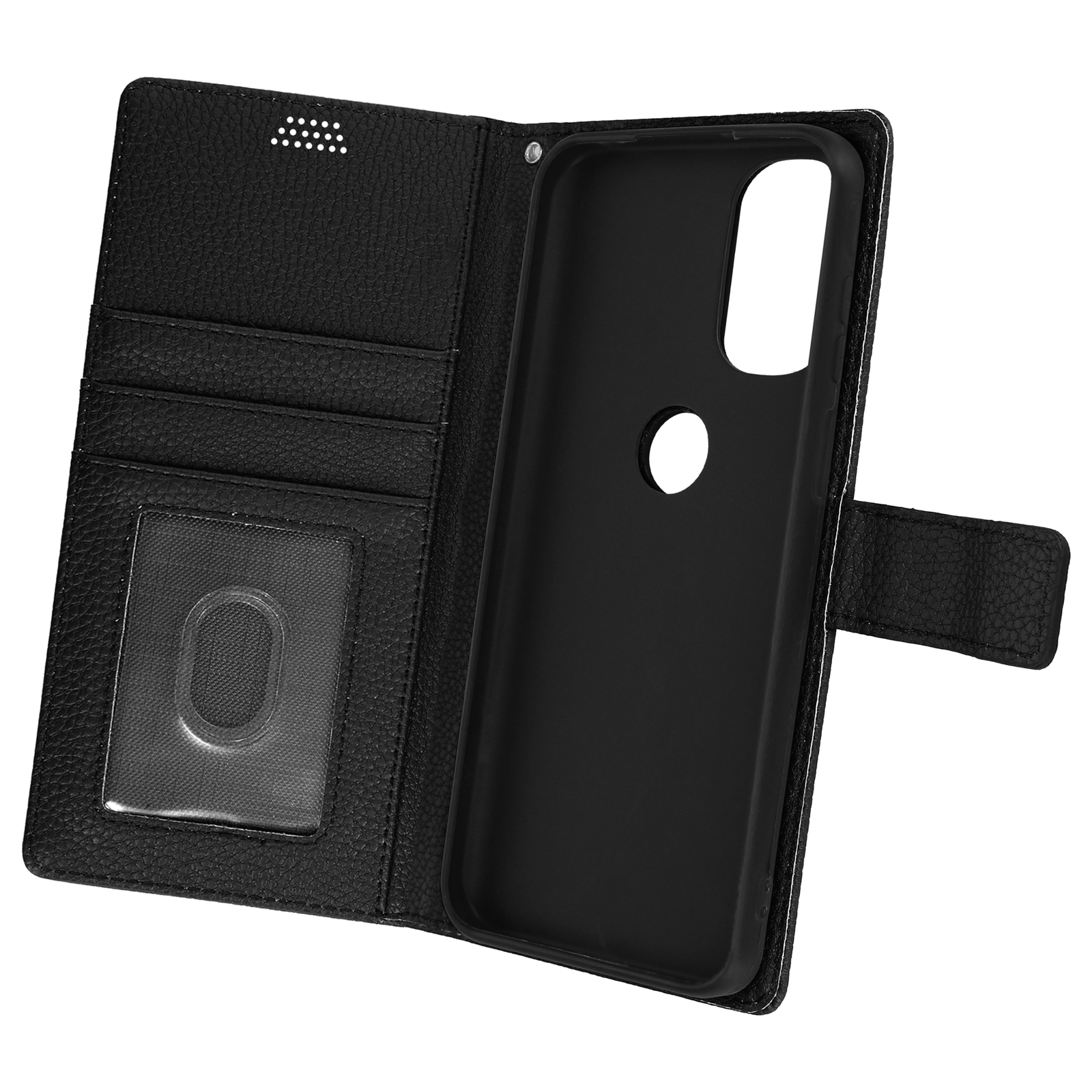Custodia in pelle nera aperta. Mostra l'interno del telefono e gli slot per schede. Chiusura magnetica.