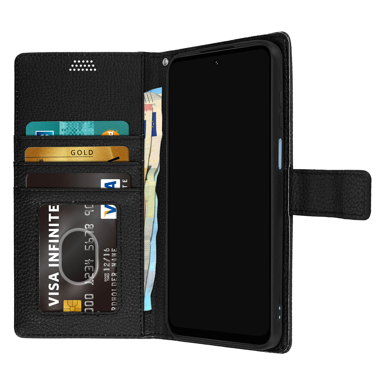 Custodia in pelle nera con fessure per carte e carta Visa Infinite visibile.