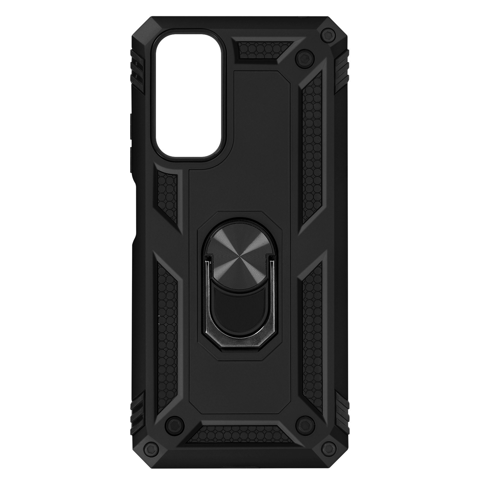 Custodia nera per telefono con anello porta telefono. Design nero e grigio. Sfondo nero.