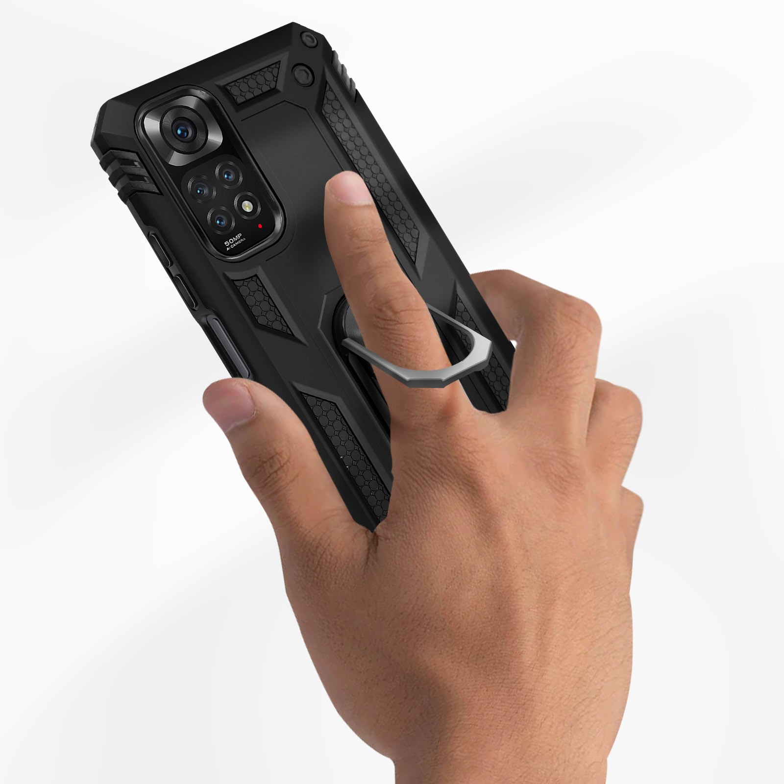 Custodia nera per telefono con supporto ad anello. Una mano tiene il telefono. La custodia ha un design strutturato.