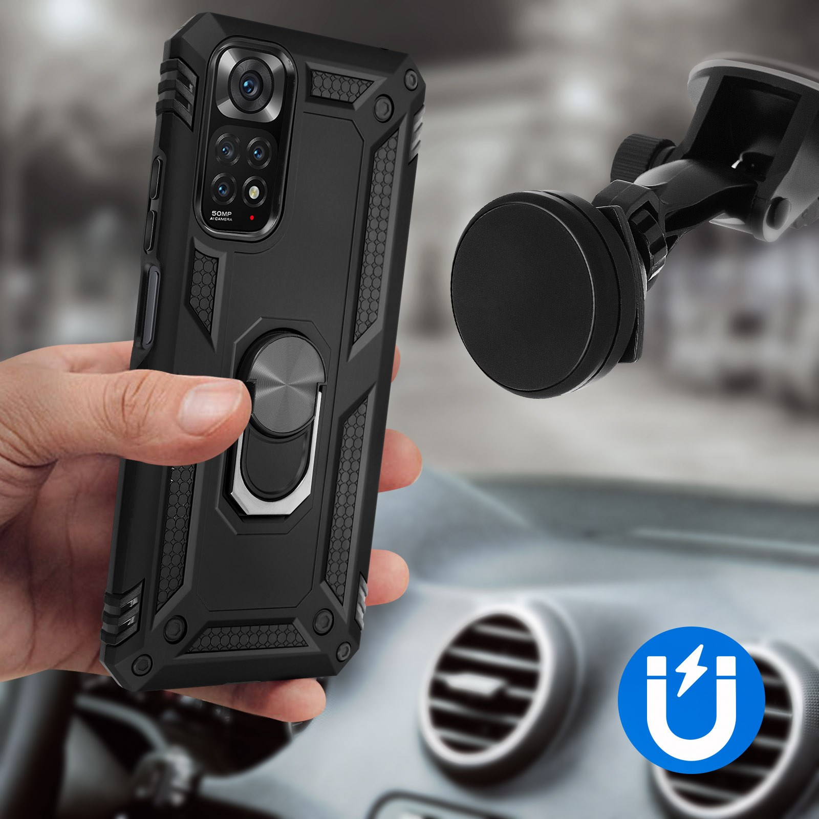 Custodia nera con anello e supporto per auto. Mano tiene il telefono. Interni auto sullo sfondo.