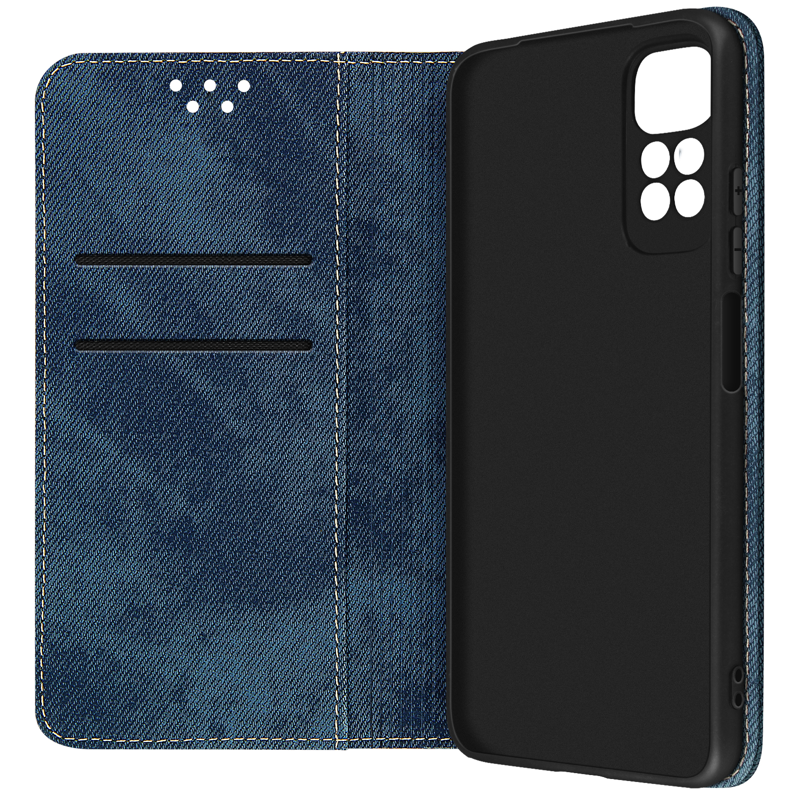Custodia a portafoglio in denim blu aperta, con fessure per carte e supporto per telefono.