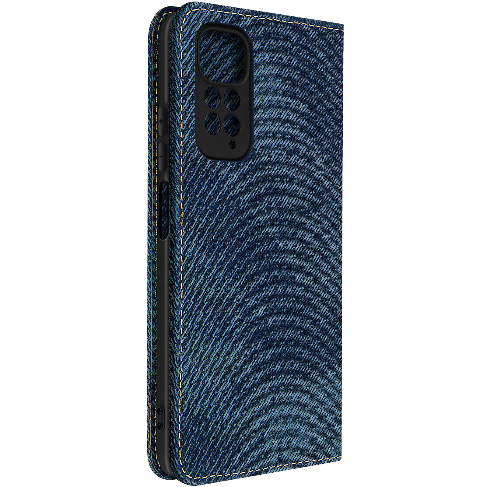 Custodia per telefono in denim blu, vista laterale. La custodia ha cuciture gialle e un ritaglio.