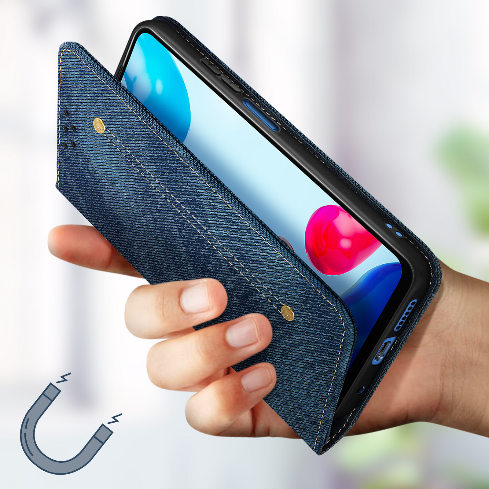 Una custodia per telefono in stile denim che si apre per rivelare lo schermo del telefono.