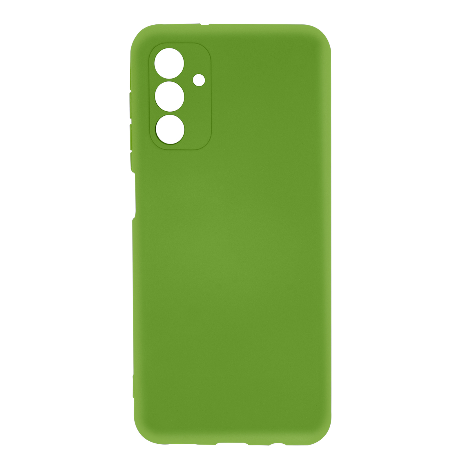 Custodia verde per telefono con tre fori per fotocamera su sfondo bianco.