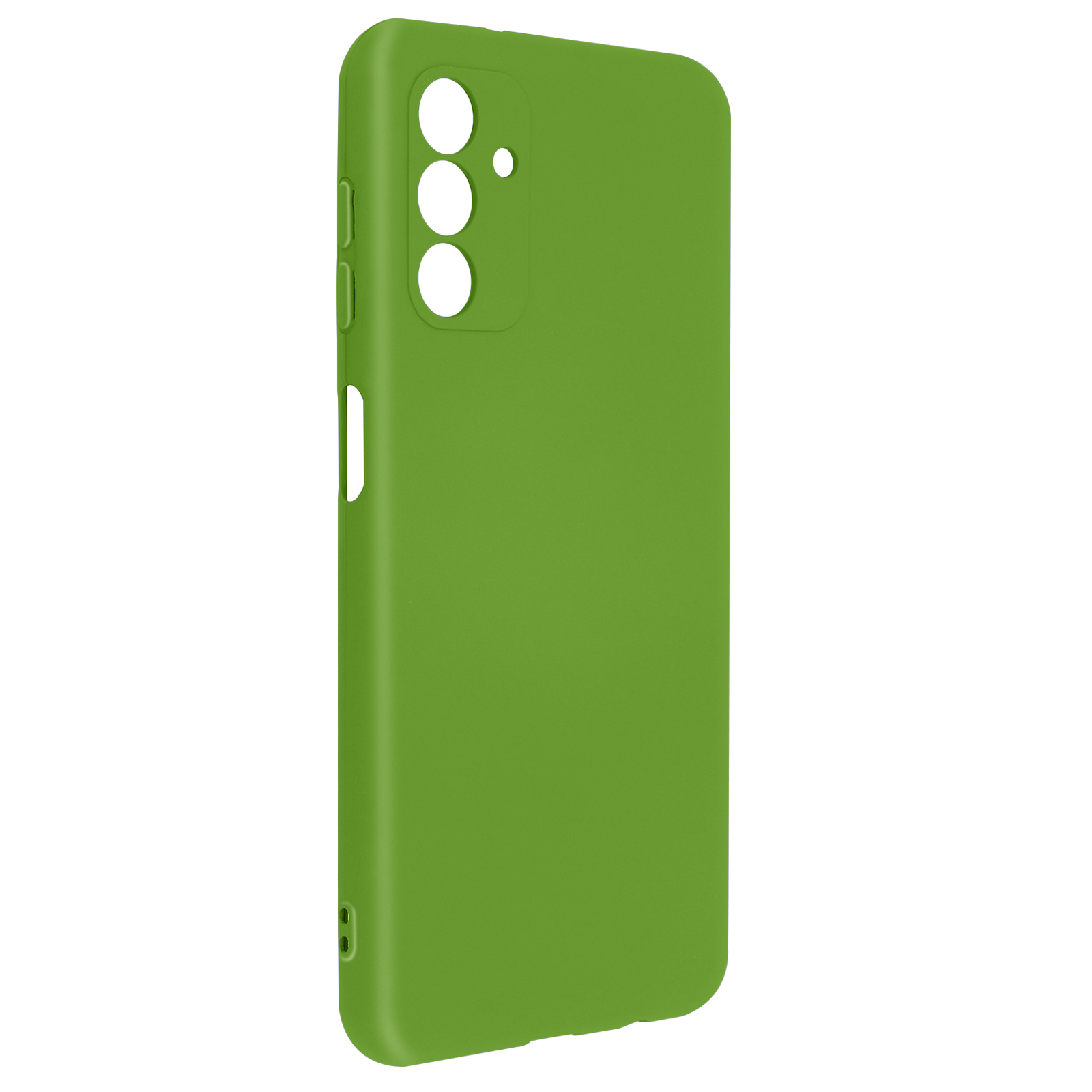 Una custodia verde per telefono con ritagli per fotocamera, pulsanti e porta di ricarica.