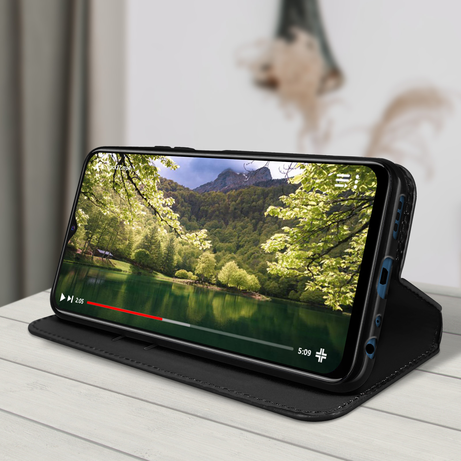Telefono in custodia nera, riproduce video con scena naturale sullo schermo.