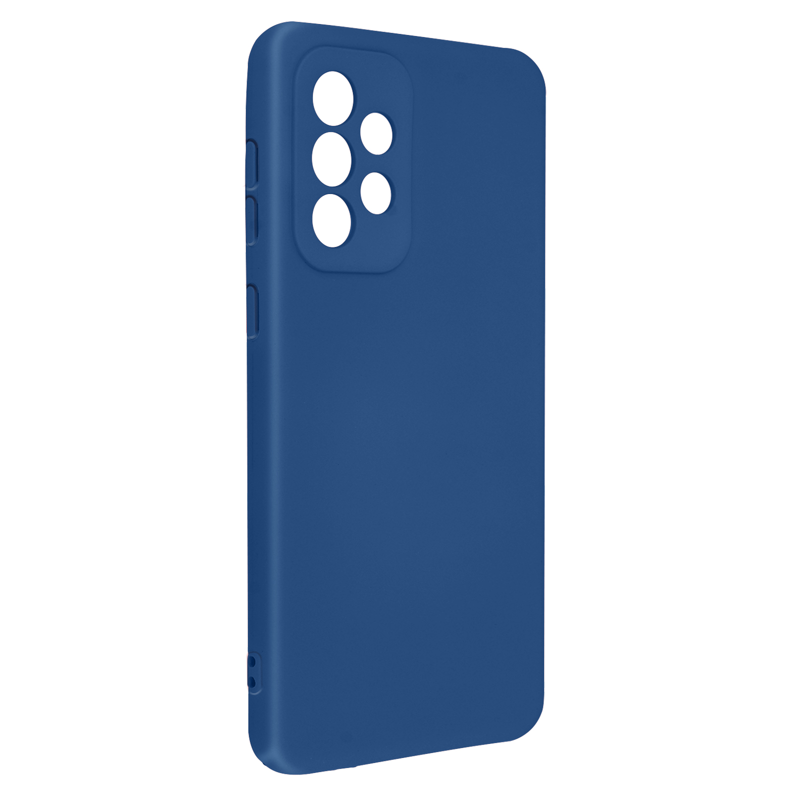 Una custodia blu per telefono, liscia e solida, con ritagli per la fotocamera. È di un colore pieno.
