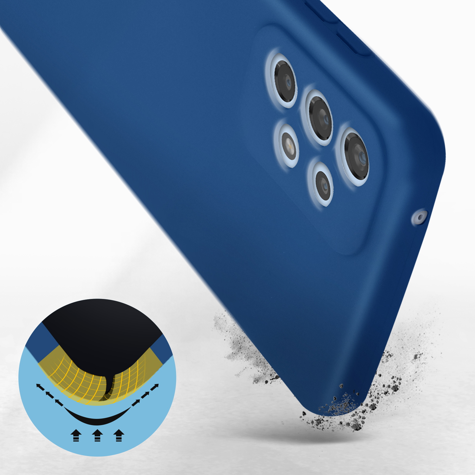 Custodia blu per telefono con più lenti della fotocamera e design antiurto.
