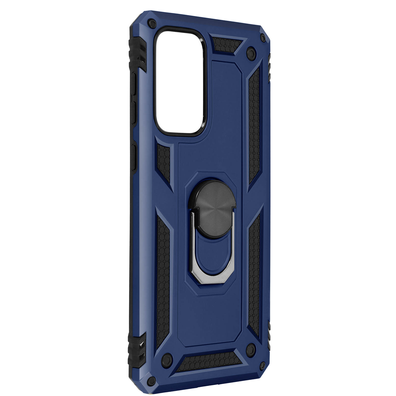 Blaue Handyhülle mit schwarzen Akzenten, Ringhalter und strukturierter Rückseite.