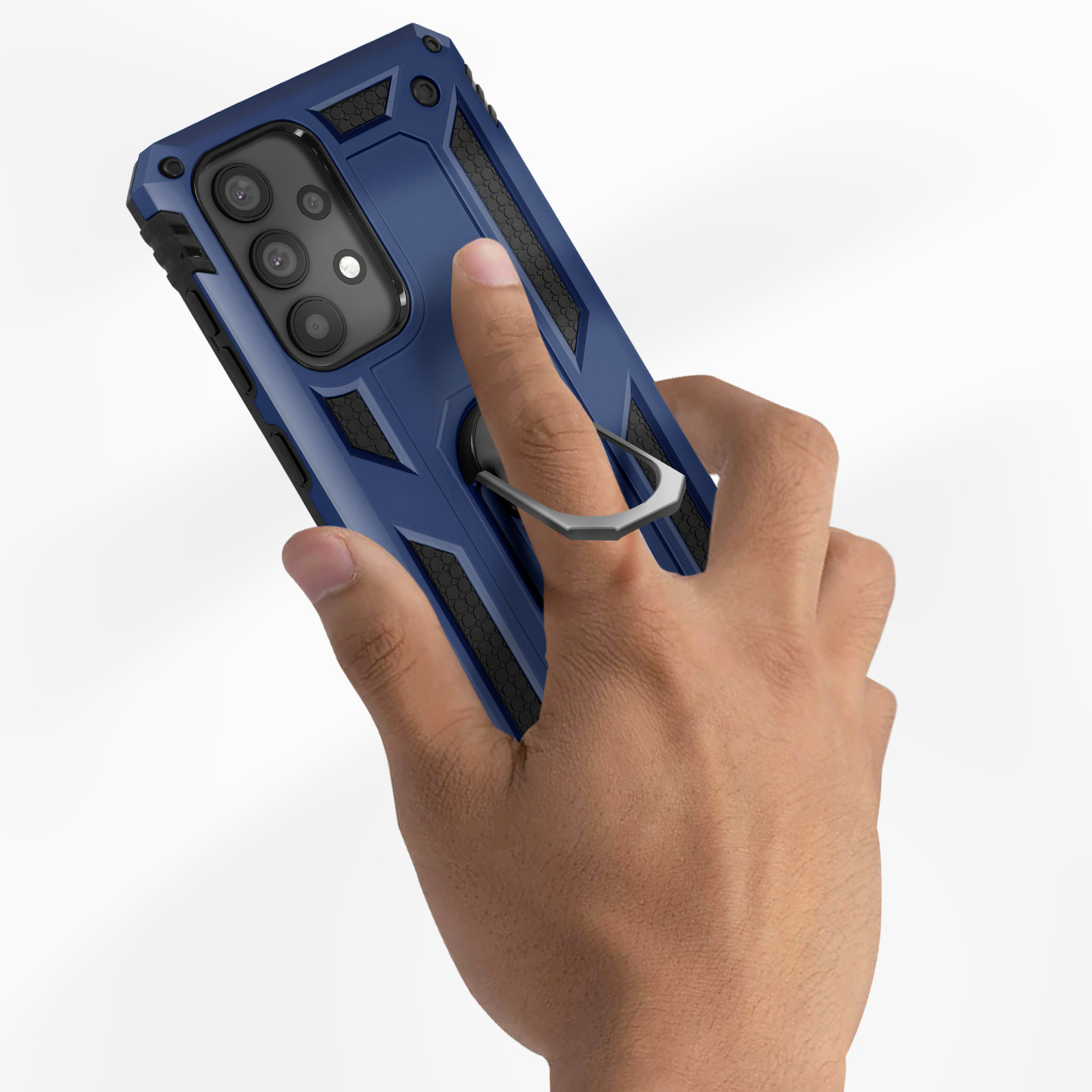 Hand hält blaue Handyhülle mit Ringhalter auf weißem Hintergrund.
