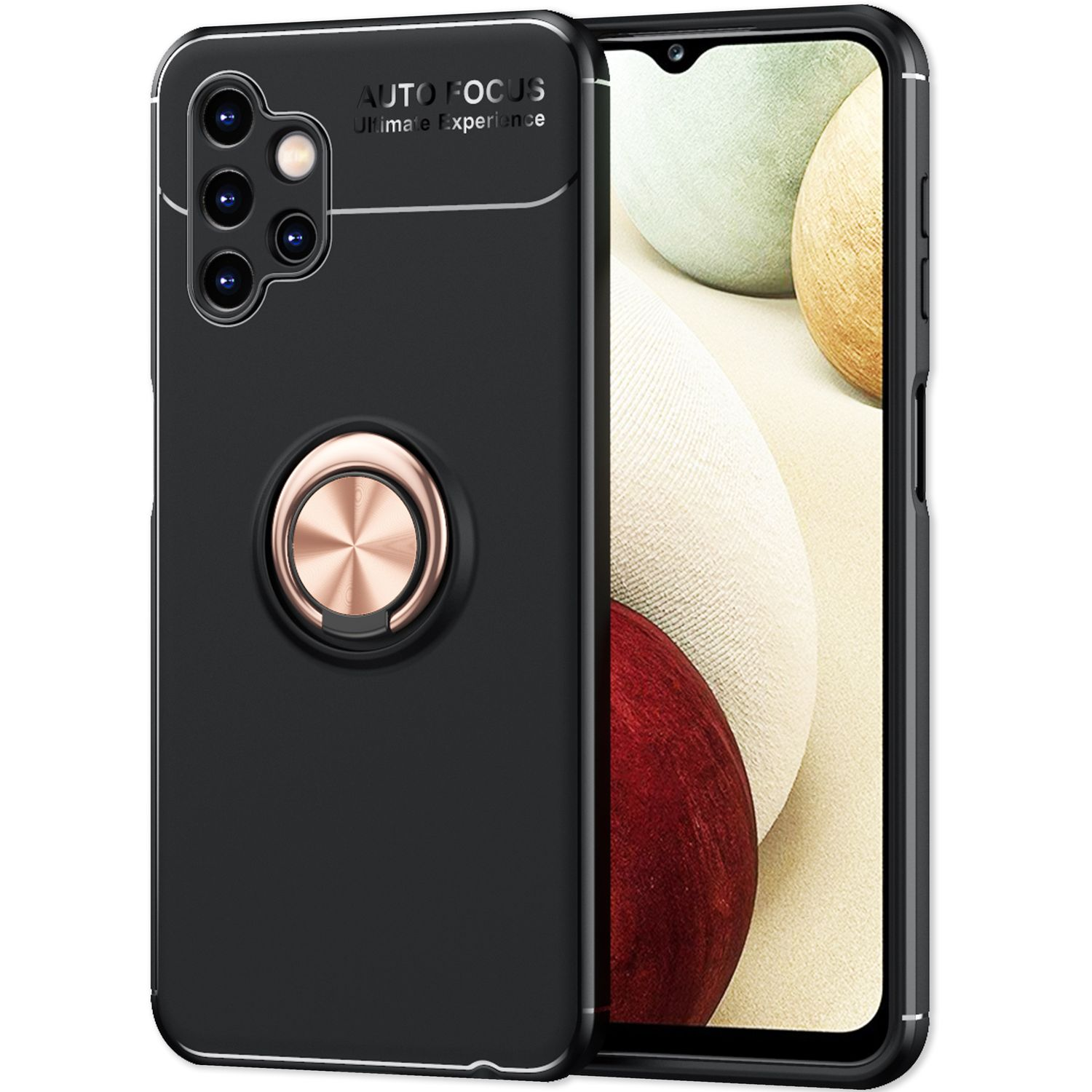 Ein schwarzes Telefon mit einer schwarzen Hülle mit Ringhalter wird gezeigt. Der Hintergrund ist weiß.