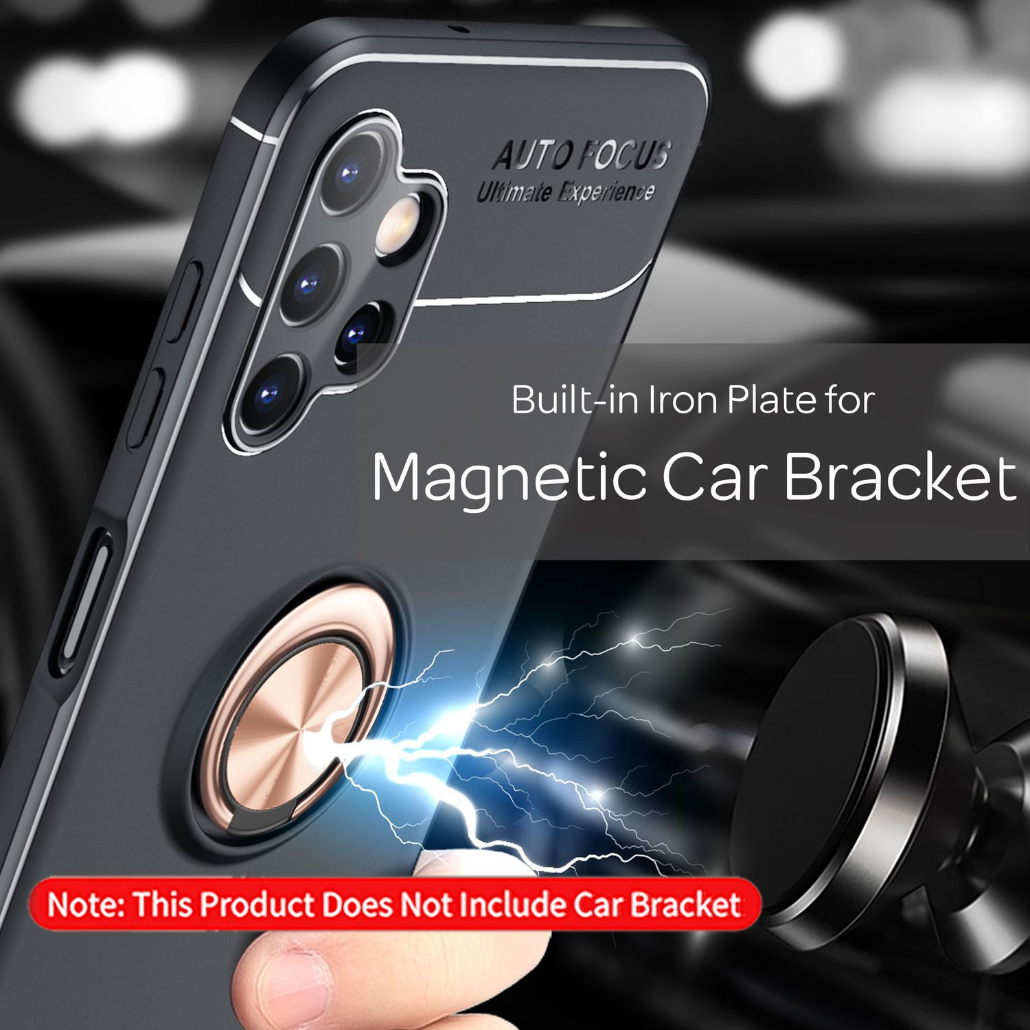 Schwarze Handyhülle mit einem magnetischen Ringhalter und einem separaten Magneten rechts.