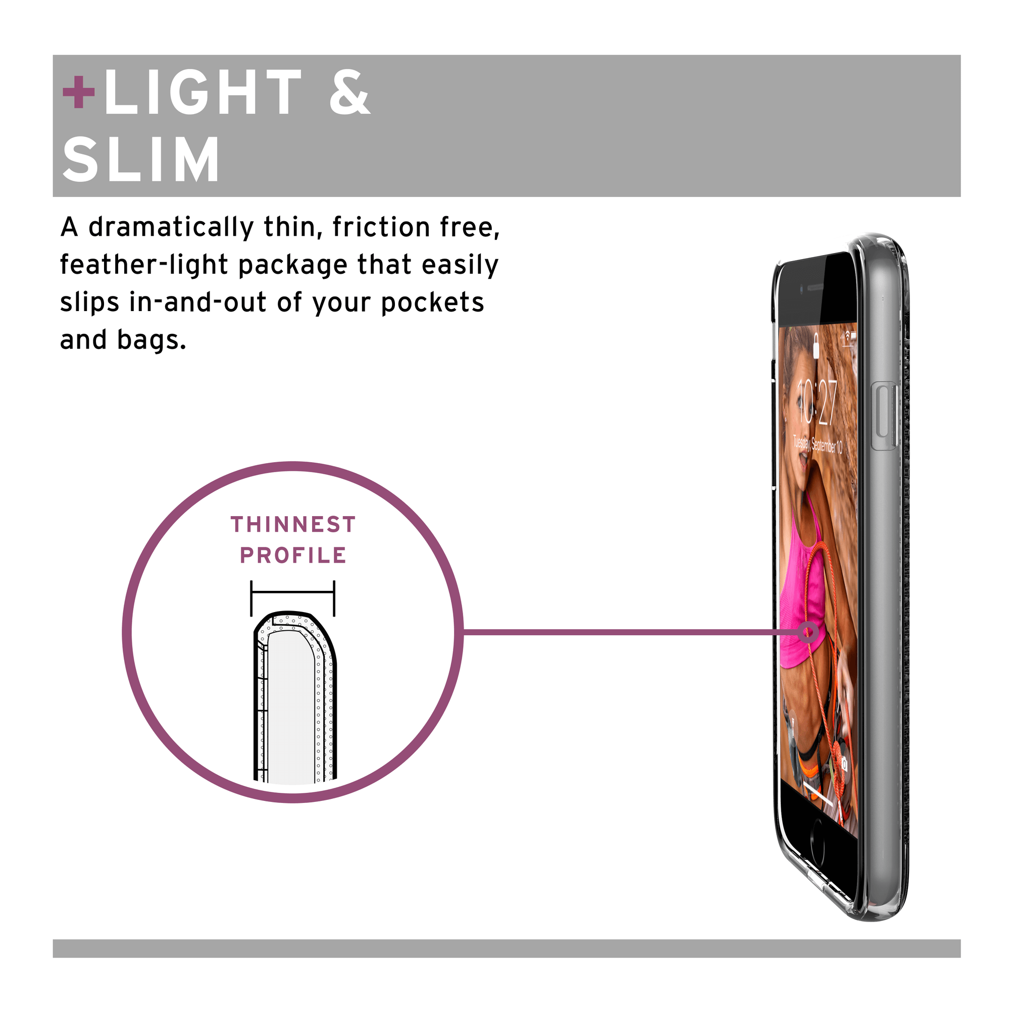 Handyhülle auf einem Handy. Merkmale sind leichtes Design und schlankes Profil. Das Handy zeigt ein Frauenbild.
