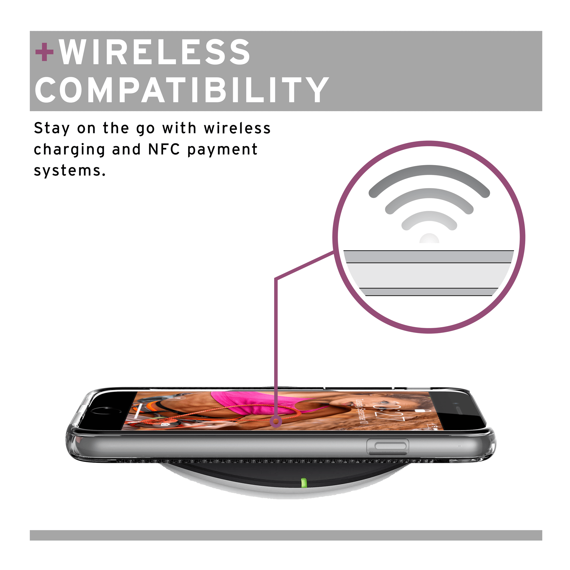Telefon liegt auf einem kabellosen Ladegerät. Text sagt 'Wireless Compatibility'. Weißer Hintergrund.