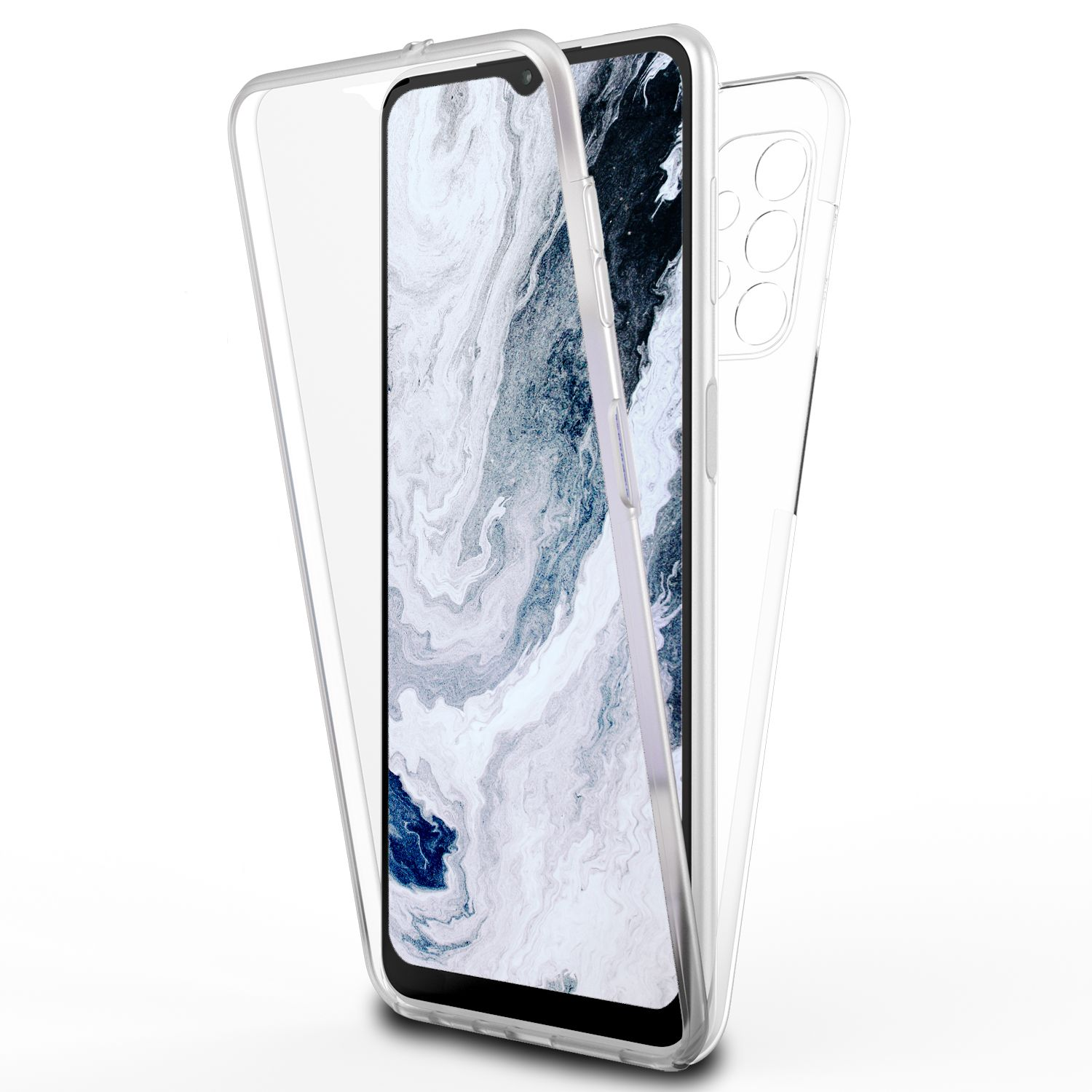 Transparente Handyhülle, die ein Telefon mit Bildschirm bedeckt.