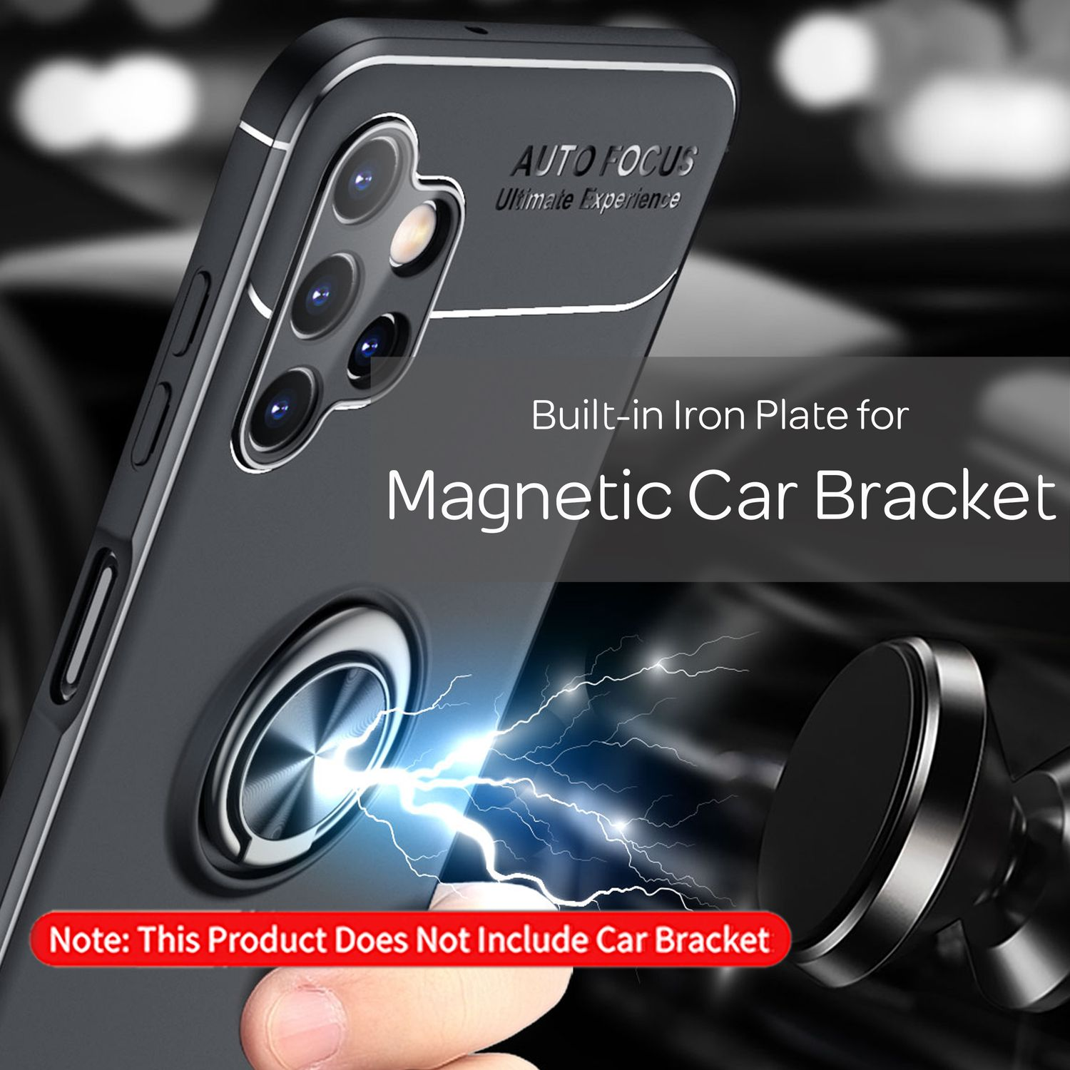 Schwarze Handyhülle mit magnetischer Autohalterung und Text. Ein Magnet ist vorhanden.