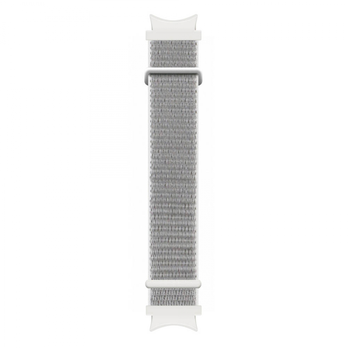 Ein weißes und graues Uhrenarmband auf weißem Hintergrund.