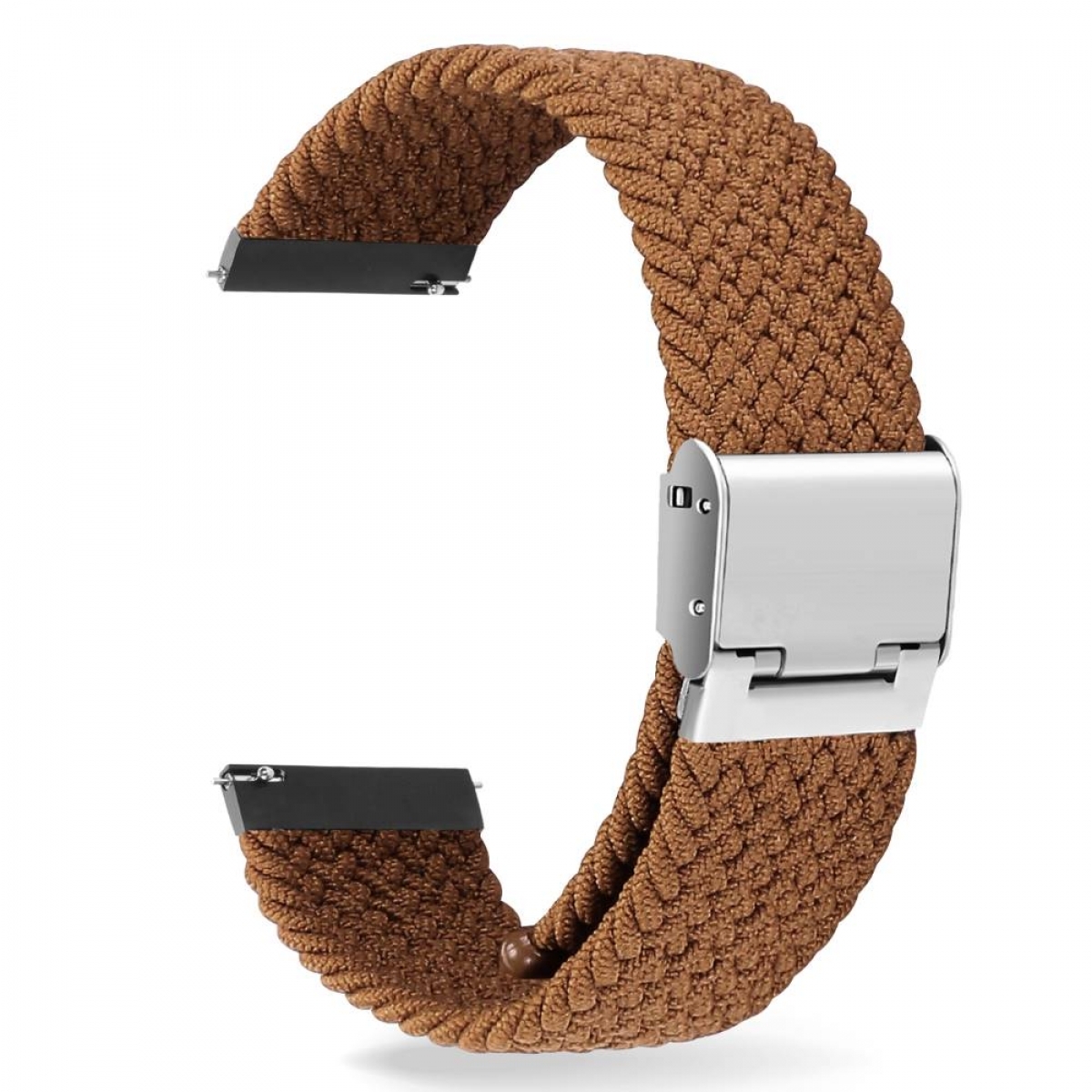 Braunes geflochtenes Uhrenarmband mit silberner Schließe. Metallverbinder zur Befestigung.
