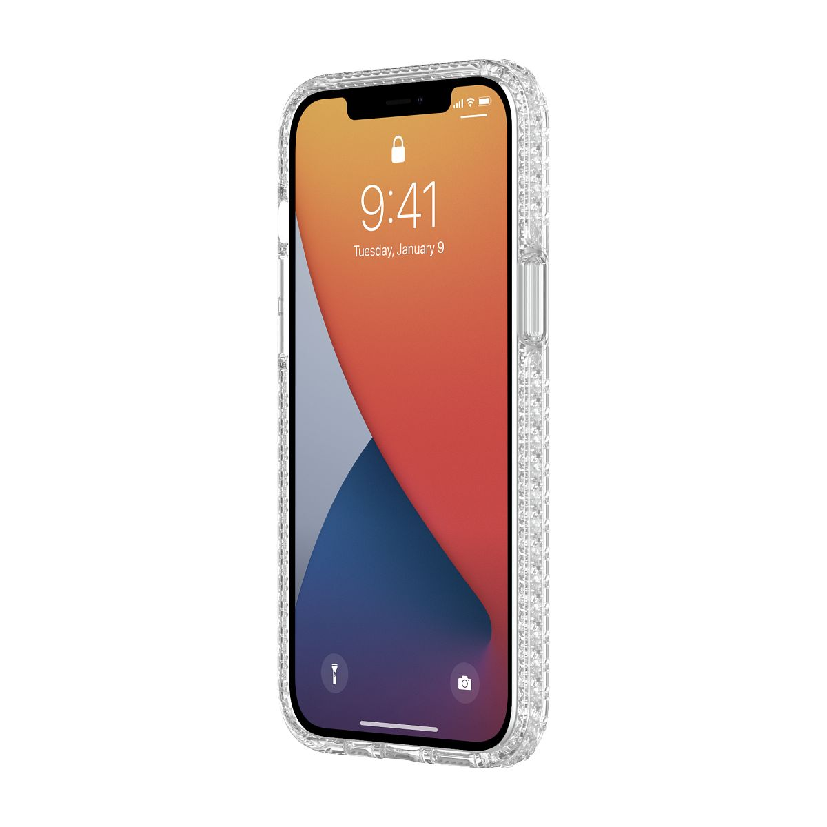 Smartphone in klarer Hülle, zeigt Bildschirm mit farbenfrohem Hintergrund, weißer Hintergrund.