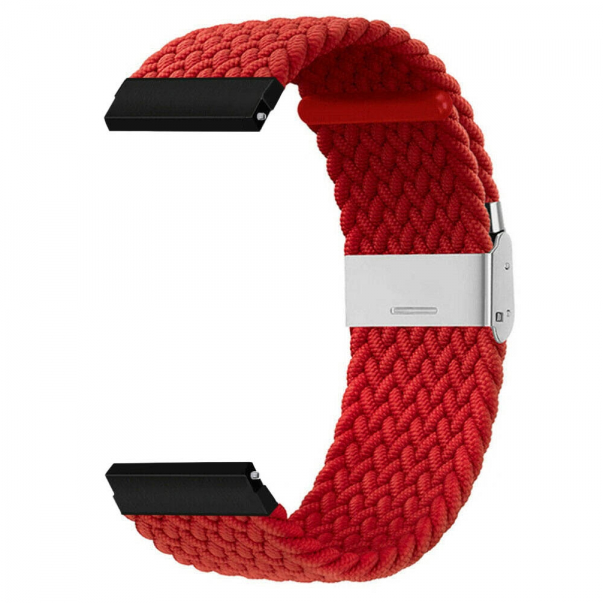 Rotes Uhrenarmband, geflochtenes Muster mit silberner Schließe und schwarzen Verbindern.