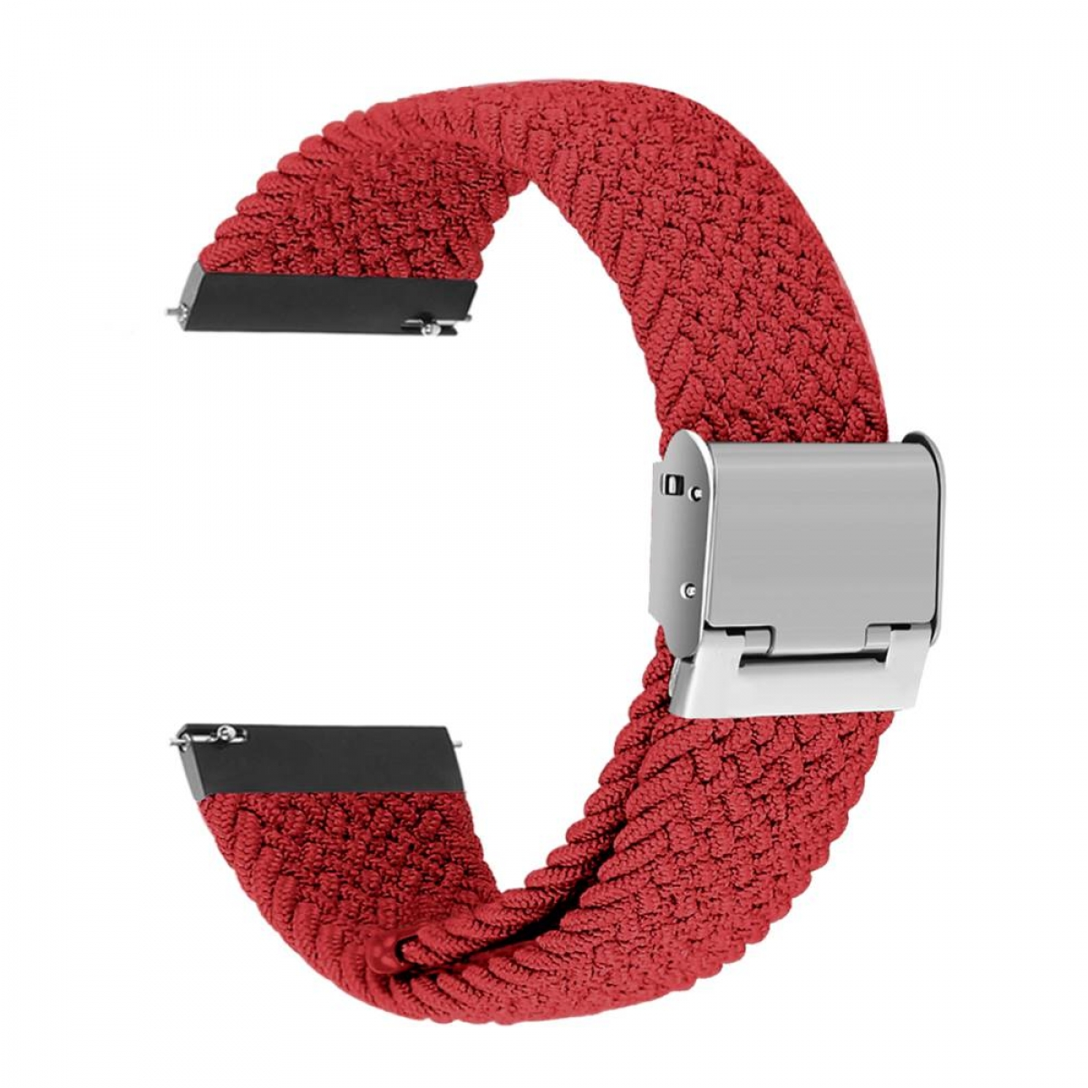 Roter geflochtener Uhrenarmband mit silberner Schließe. Das Armband ist kreisförmig.