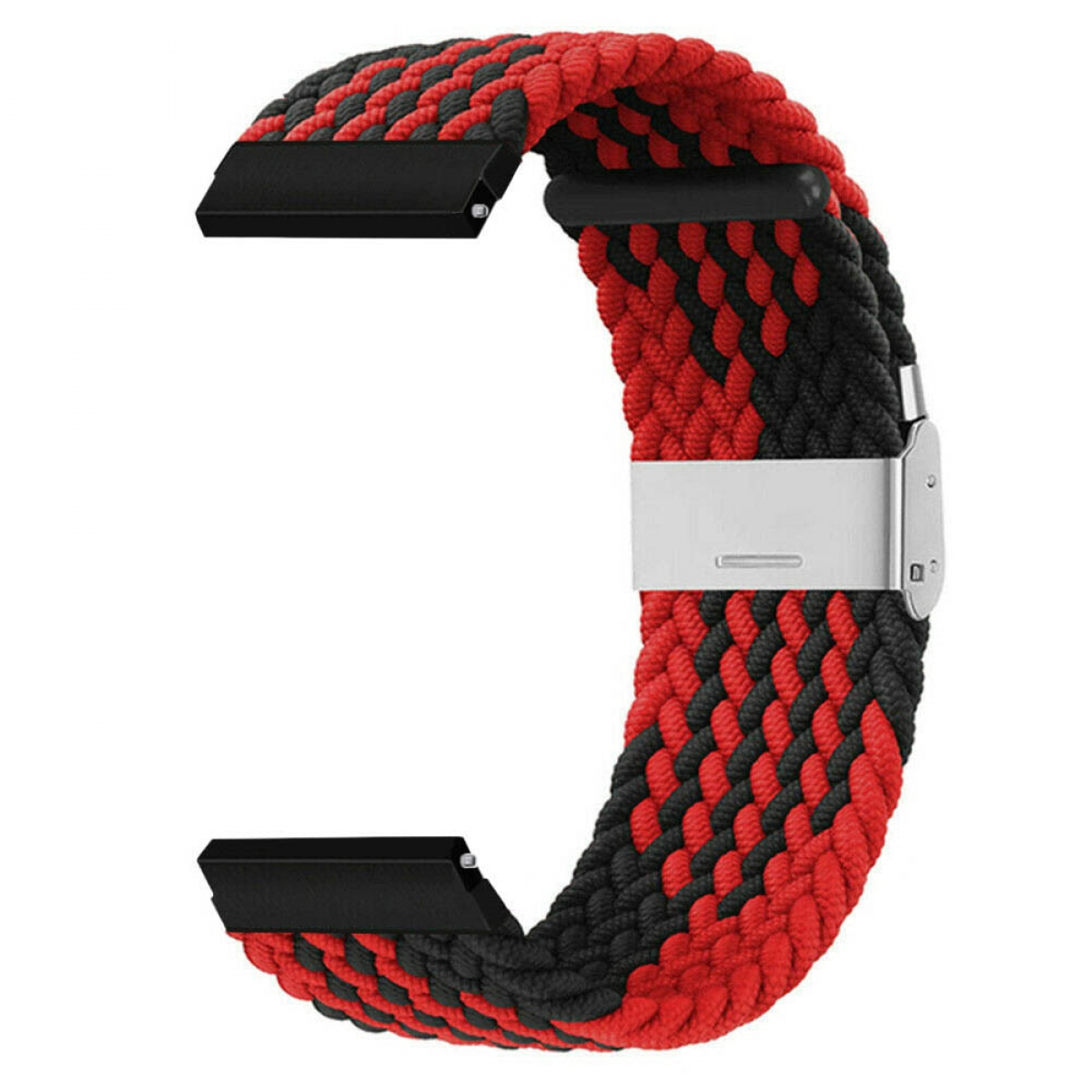 Ein rot-schwarz geflochtenes Uhrenarmband mit Edelstahlverschluss.