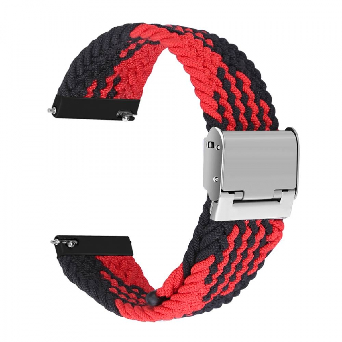 Ein Uhrenarmband mit rot-schwarzem geflochtenem Muster und einem silbernen Verschluss.