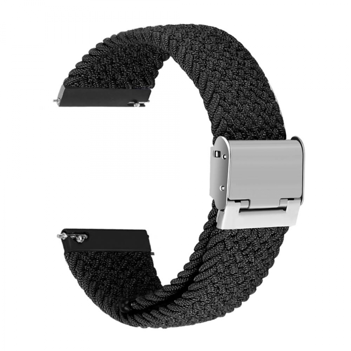 Schwarzes geflochtenes Uhrenarmband mit silberner Schließe. Das Armband ist geschlungen.
