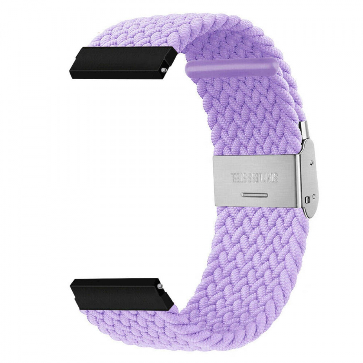 Lavendelfarbenes geflochtenes Uhrenarmband mit Edelstahlverschluss und schwarzen Anschlüssen.