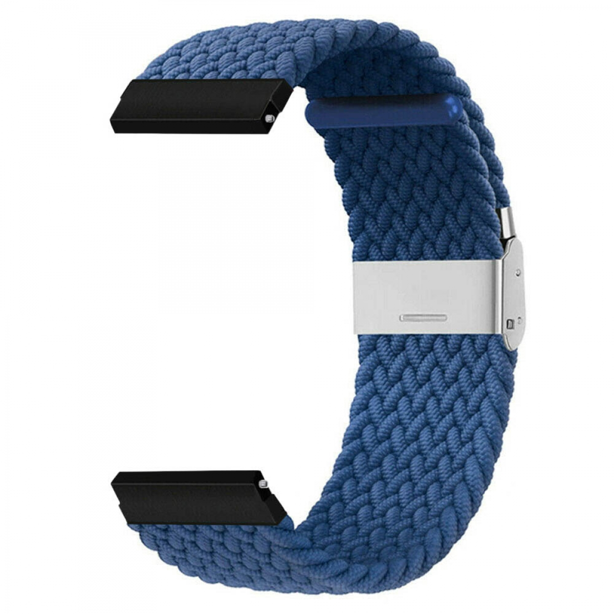 Blaues Stoff-Smartwatch-Armband mit silbernem Verschluss und schwarzen Steckern.