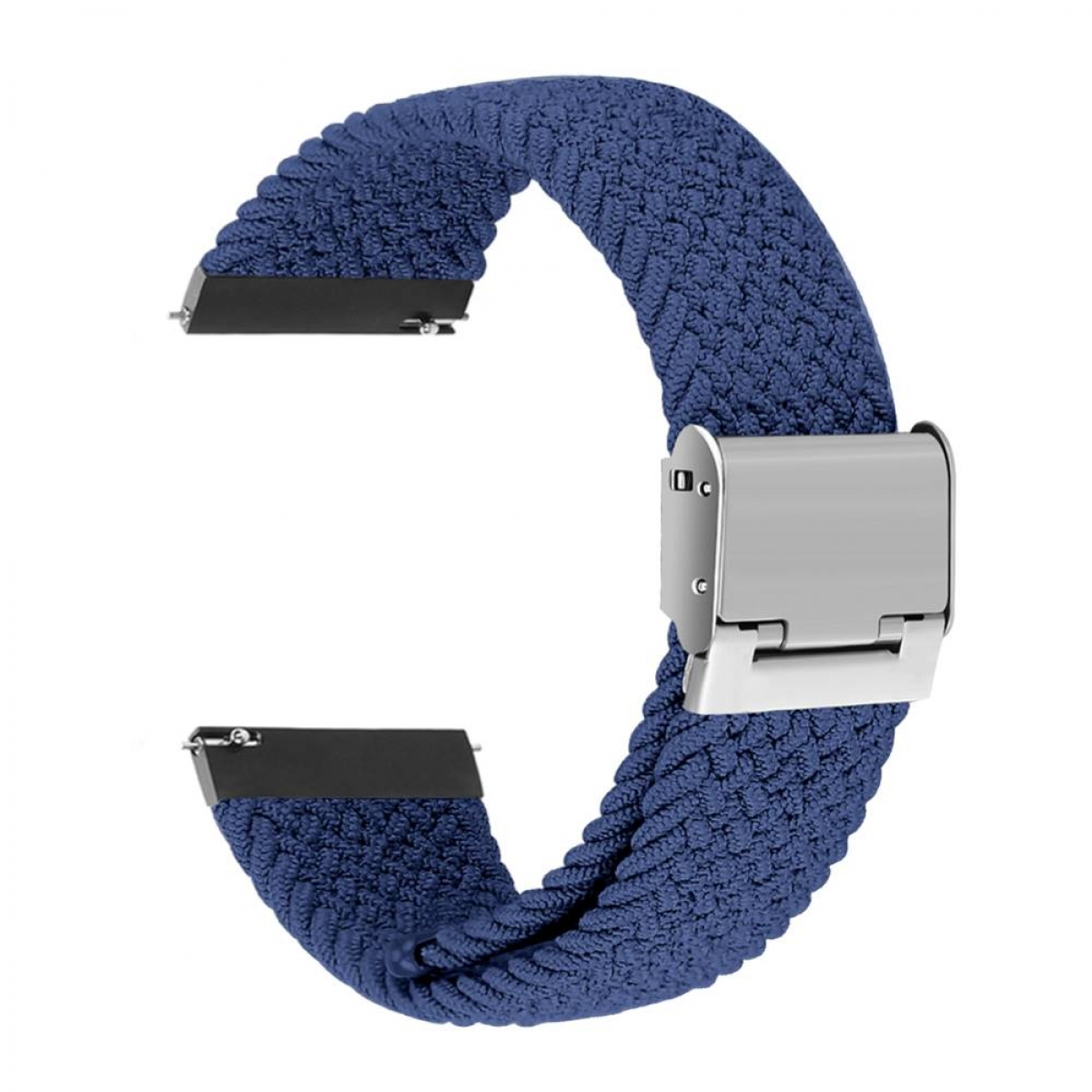 Blaues Armband. Gewebte Textur. Silberner Metallverschluss. Nahaufnahme. Weißer Hintergrund.