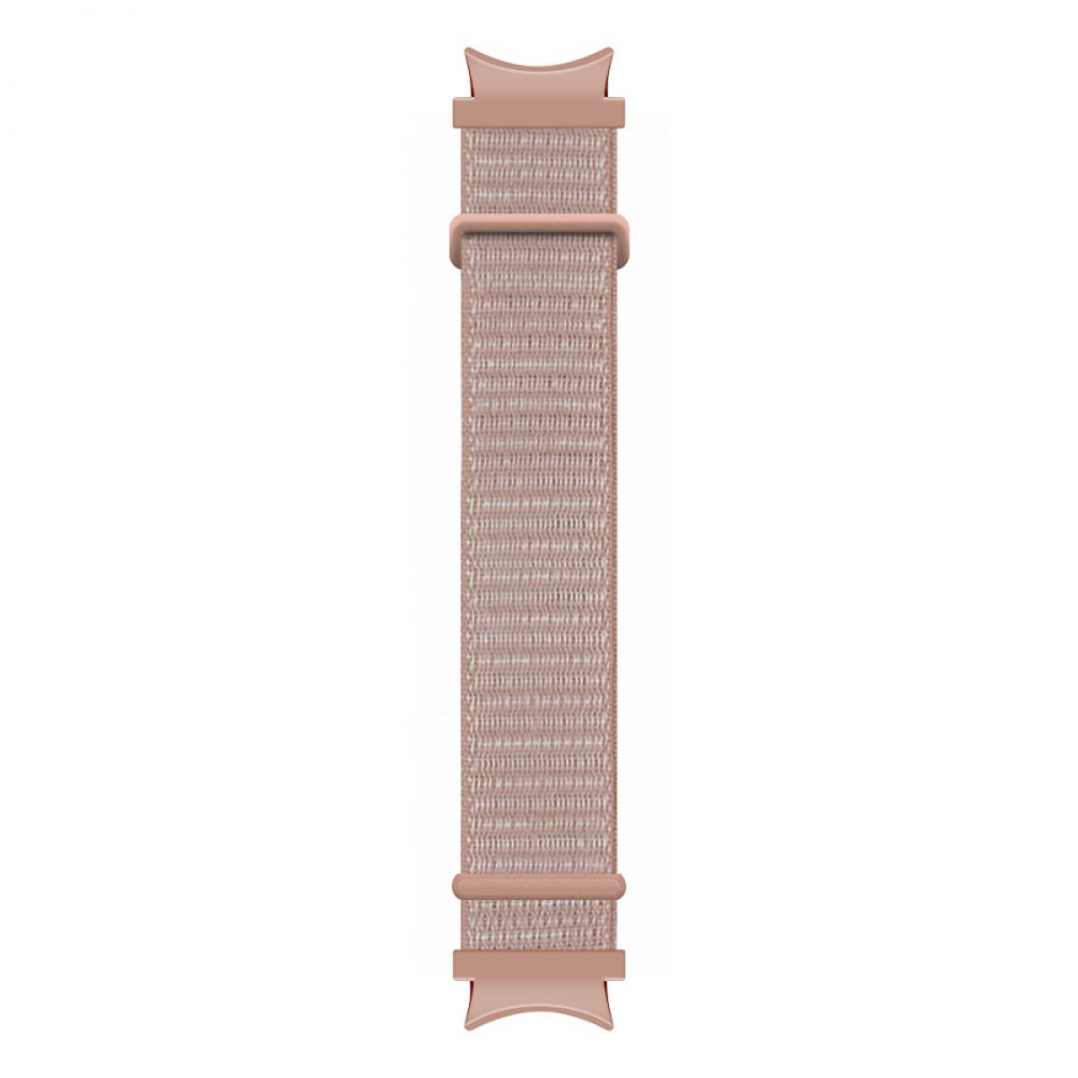 Rosa Uhrenarmband. Hellrosa Stoff, rosa Kunststoffverbinder. Weißer Hintergrund.