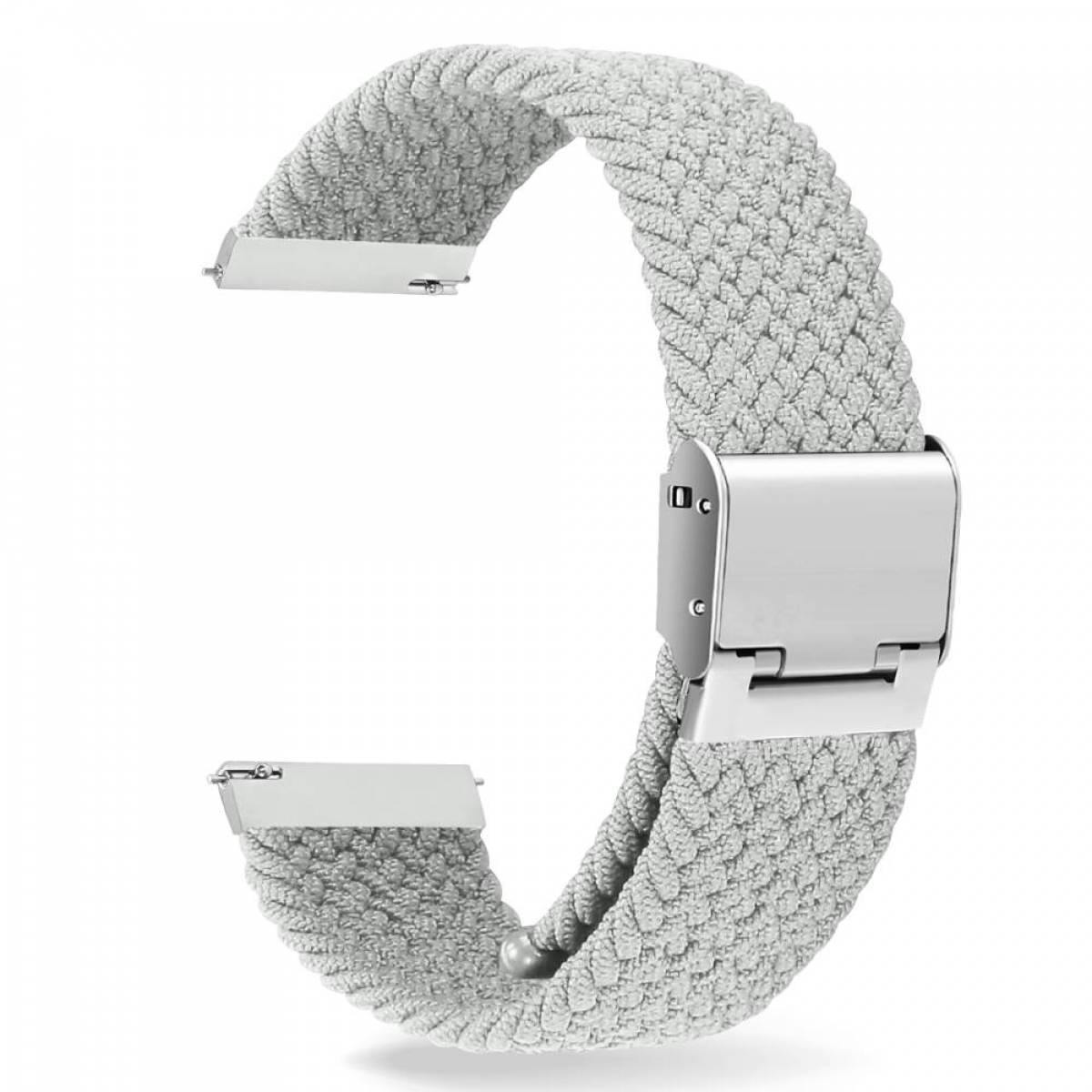 Ein hellgraues geflochtenes Uhrenarmband mit silbernem Verschluss.