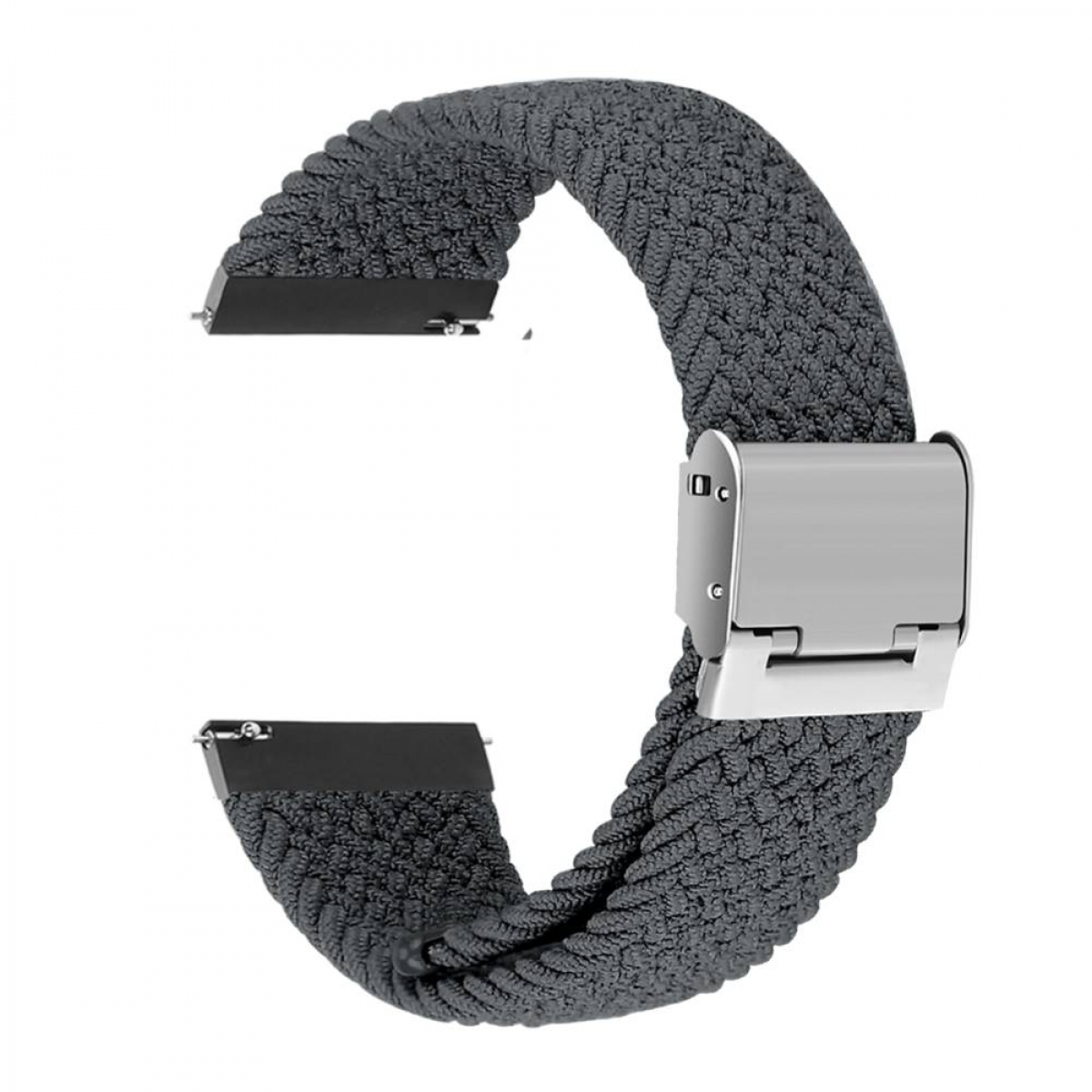 Graues Uhrenarmband mit gewebter Textur und silberner Schließe, vor weißem Hintergrund.