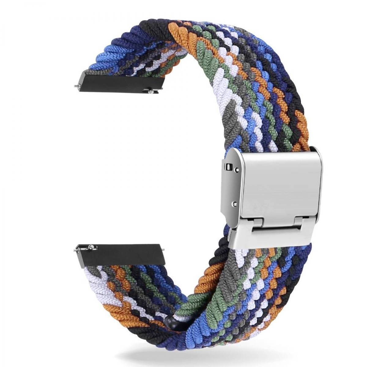 Armband mit mehreren Farben, blau, weiß, grün, orange und braun. Silberner Metallverschluss.
