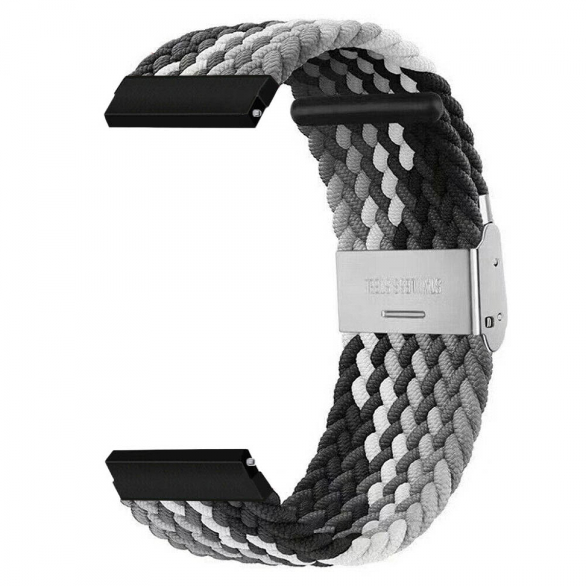 Schwarz-weiß geflochtenes Uhrenarmband mit Edelstahlverschluss.