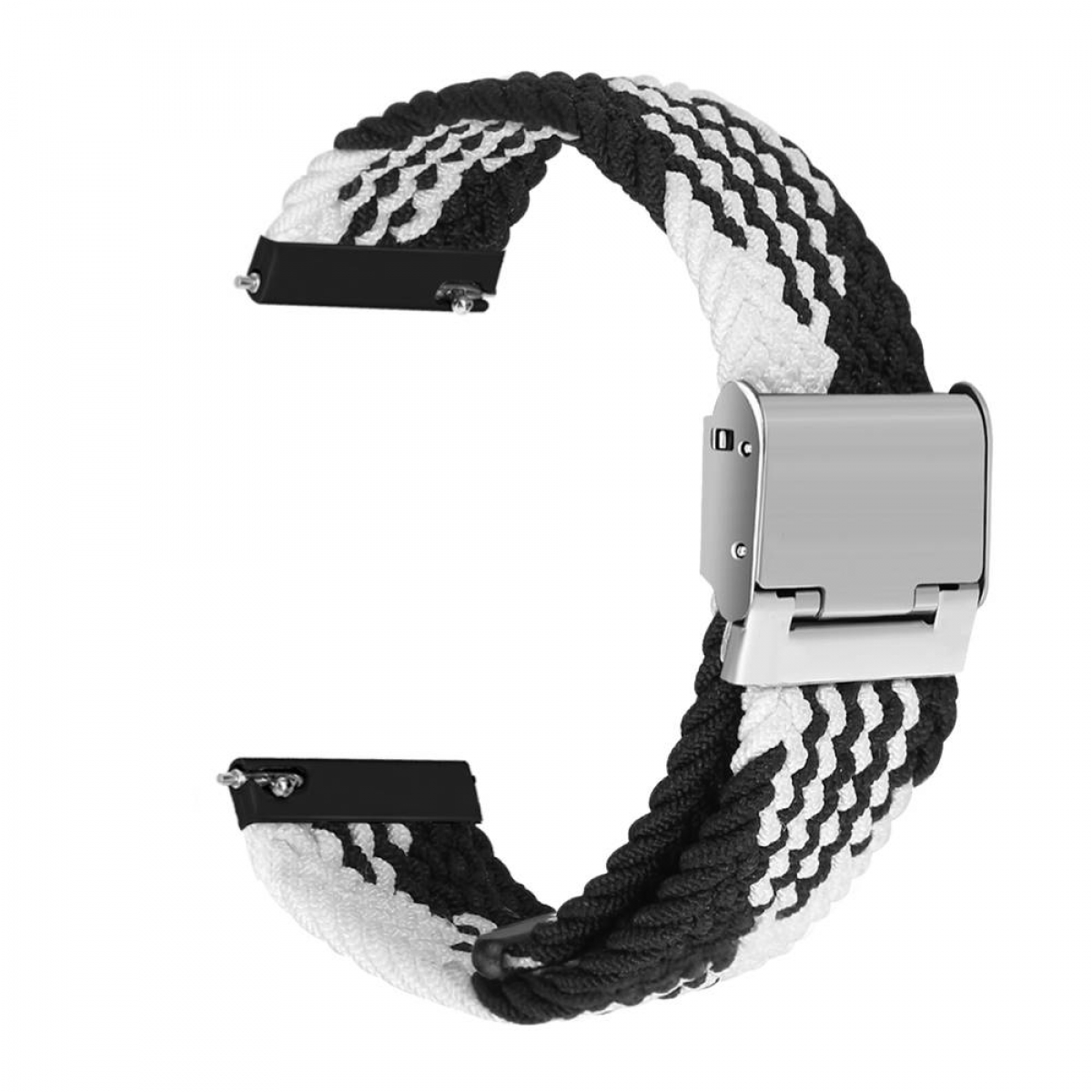 Schwarz-weißes Uhrenarmband. Das Armband hat ein geflochtenes Design mit einer silbernen Schließe.