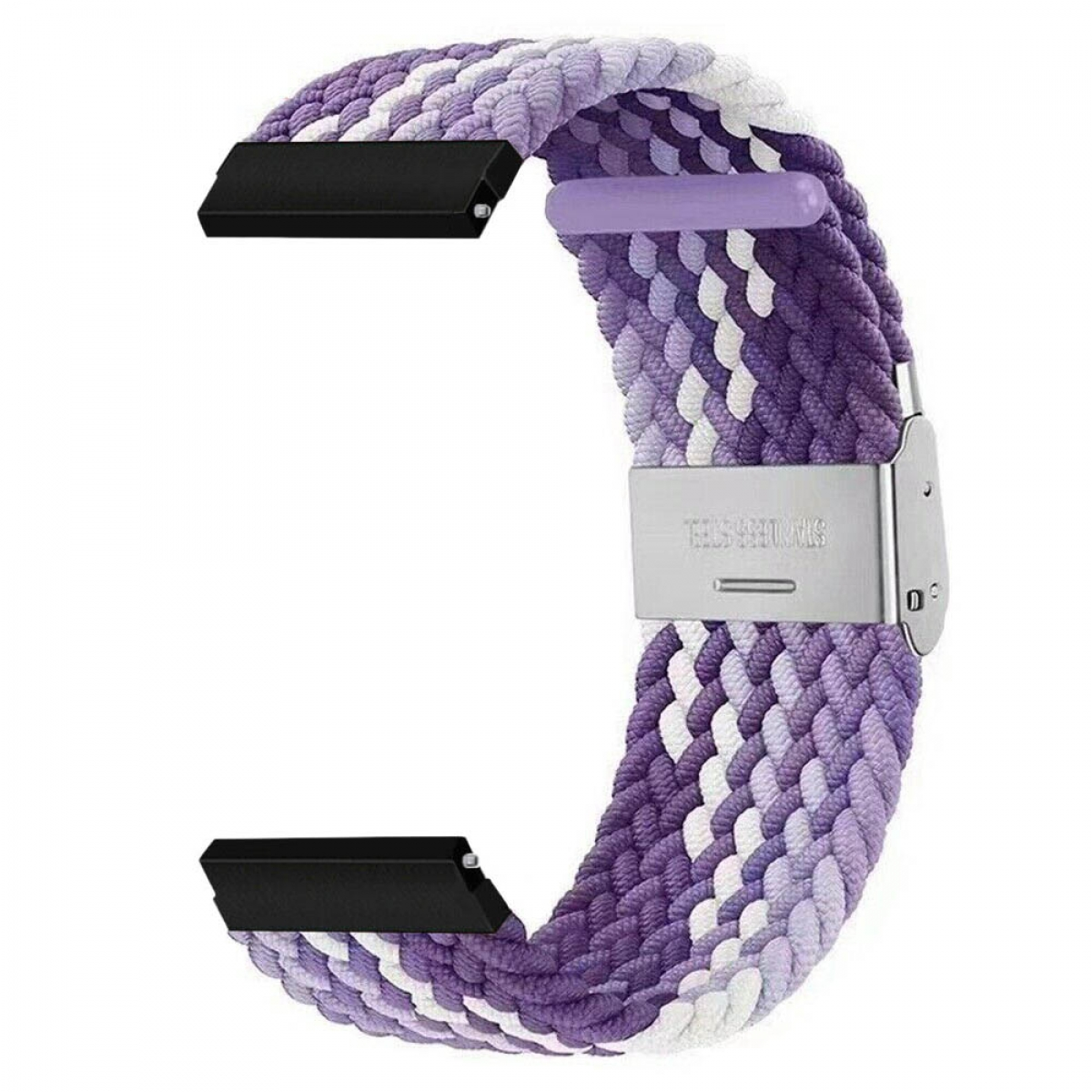 Ein geflochtenes Uhrenarmband mit lila und weißen Strängen, Edelstahlschnalle.