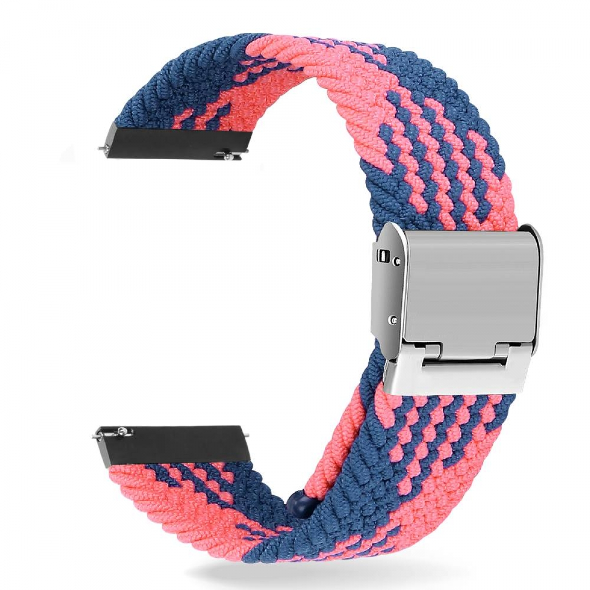 Armbanduhr mit rosa und blau gewebtem Muster und einer silbernen Schnalle.