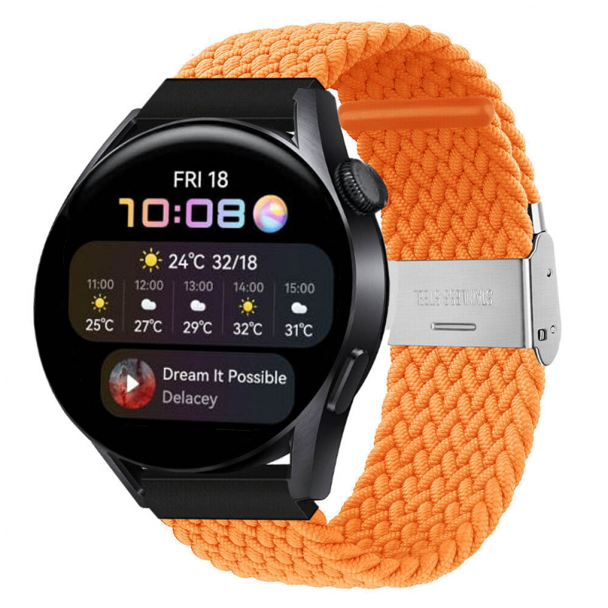 Smartwatch mit orangefarbenem geflochtenem Armband. Das Zifferblatt zeigt Zeit und Wetter.