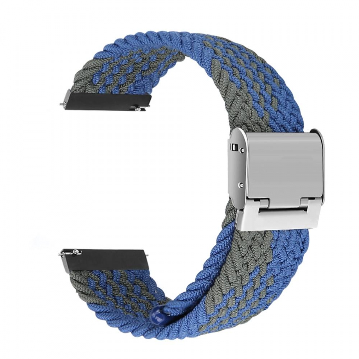 Armband mit blauem und grauem Webdesign und silberner Schließe.