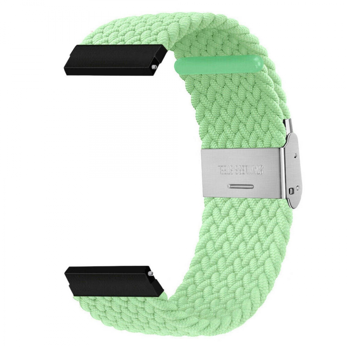 Minzgrünes geflochtenes Uhrenarmband mit silberner Schließe. Das Armband ist geschlungen. Edelstahlverschluss.
