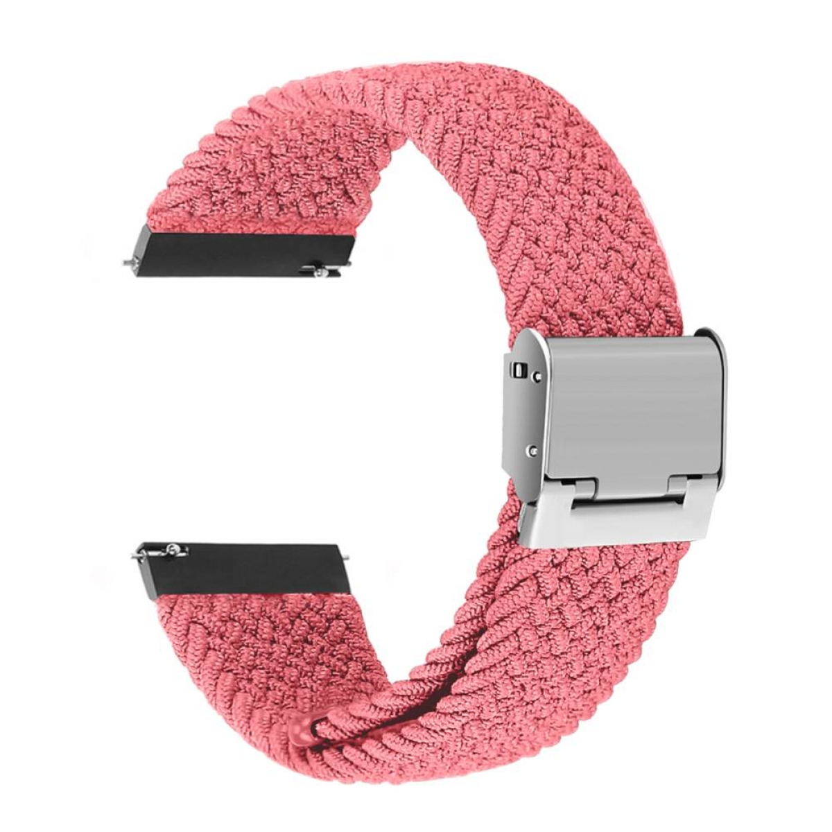 Ein rosa geflochtenes Uhrenarmband mit silbernem Verschluss, Nahaufnahme.