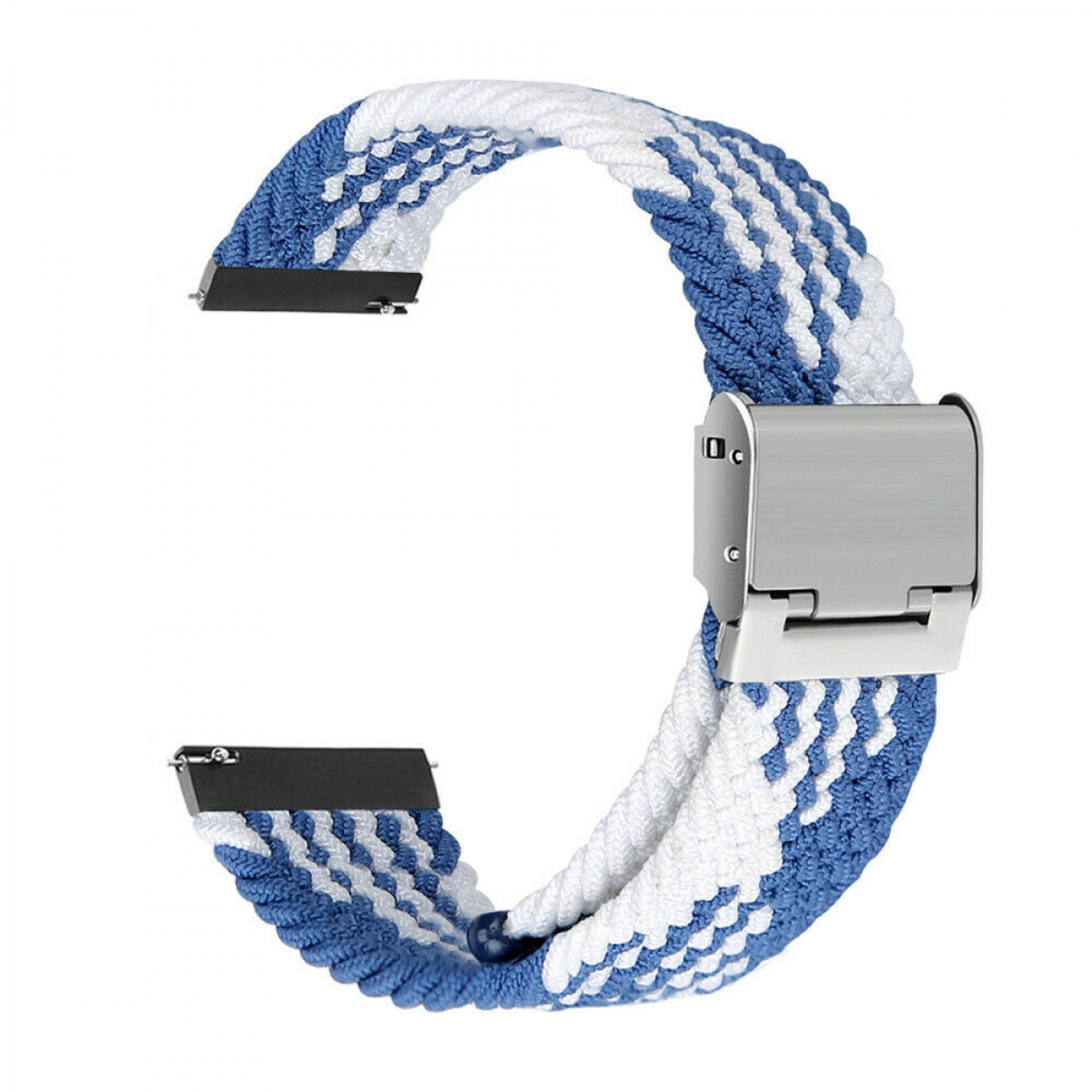 Uhrarmband, blau und weiß gewebt. Das Armband hat silberne Metallverschlüsse.